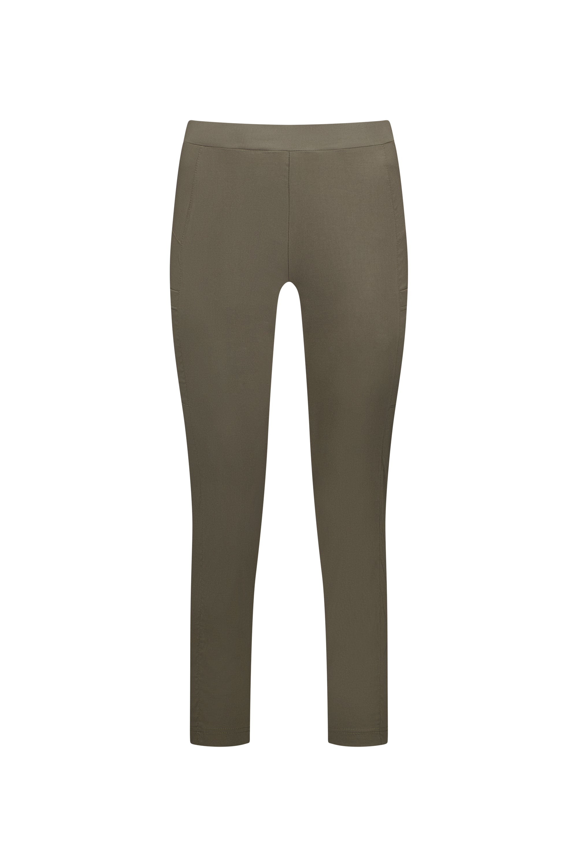 The Vassalli Paris Cargo Capri in khaki features a slim fit, ankle length, stretch fabric, flat front, and side pockets, shown against a plain white background.