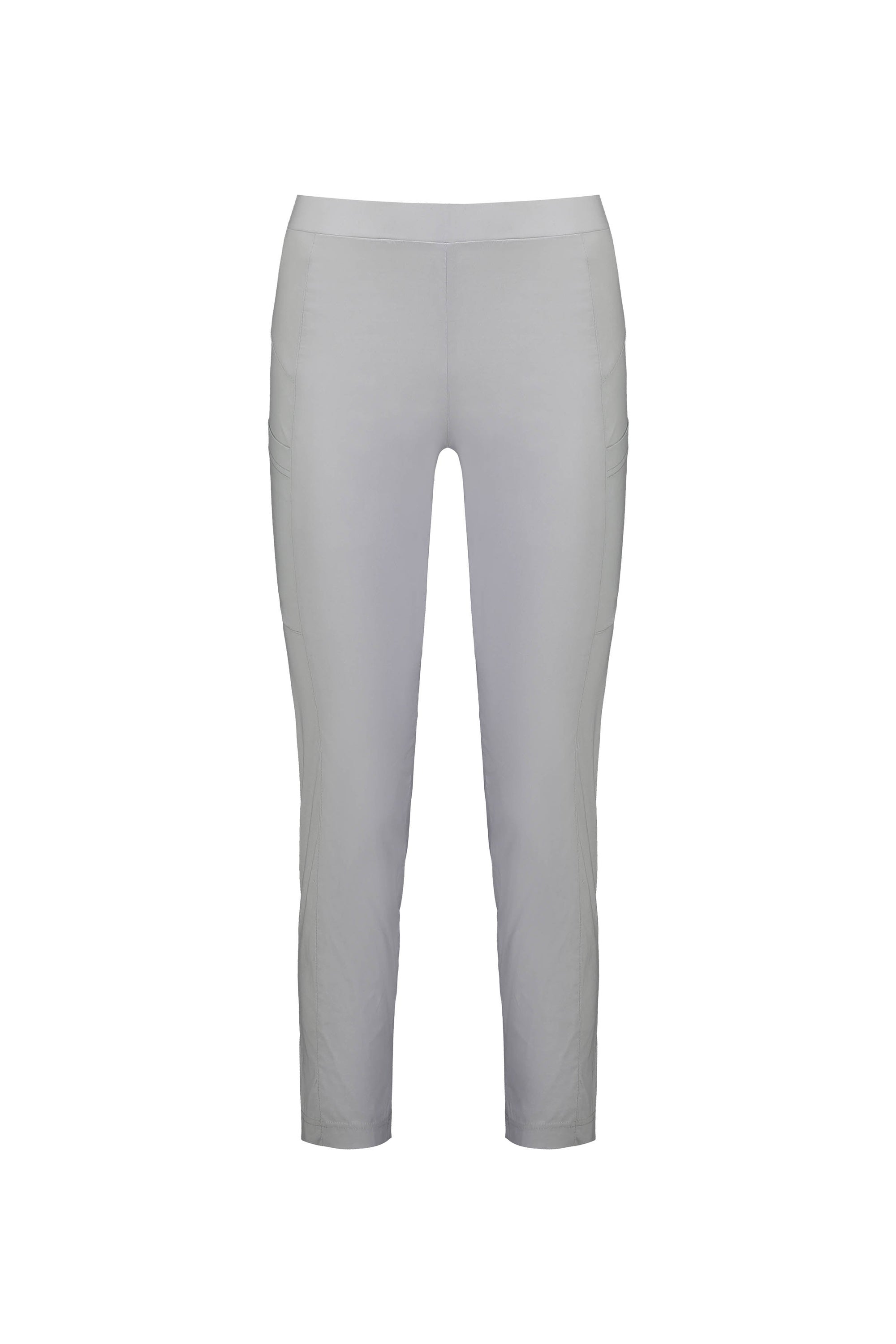 The Vassalli Paris Cargo Capri in Silver features a slim fit, stretch fabric, flat front, two side pockets, and an ankle-length cut—offering versatile style for any occasion. Displayed on a white background.