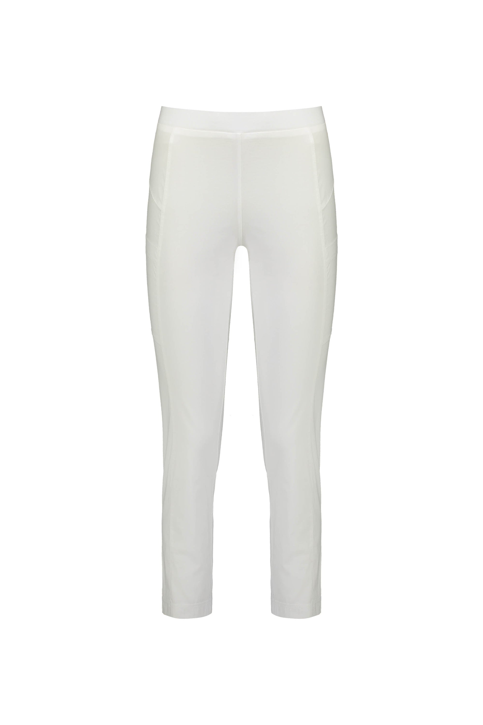Vassalli Paris Cargo Capri in white, a slim-fit ankle-length style made from stretch fabric with an elastic waistband and subtle side seam details, shown on a plain white background.