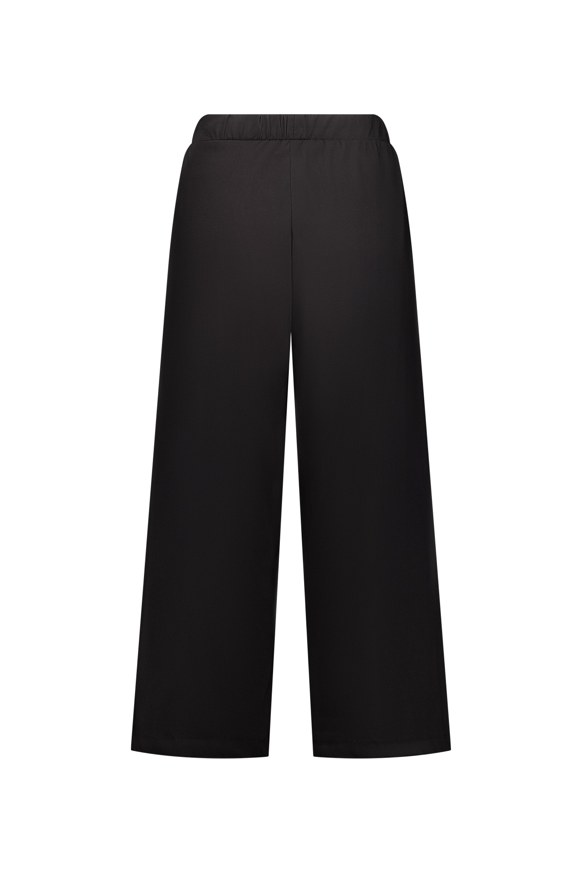 Vassalli’s Paris Wide Leg Crop - Black features an elastic waistband, stretch fabric, and a relaxed, minimalist fit. Shown flat on a white background. Proudly made in New Zealand.