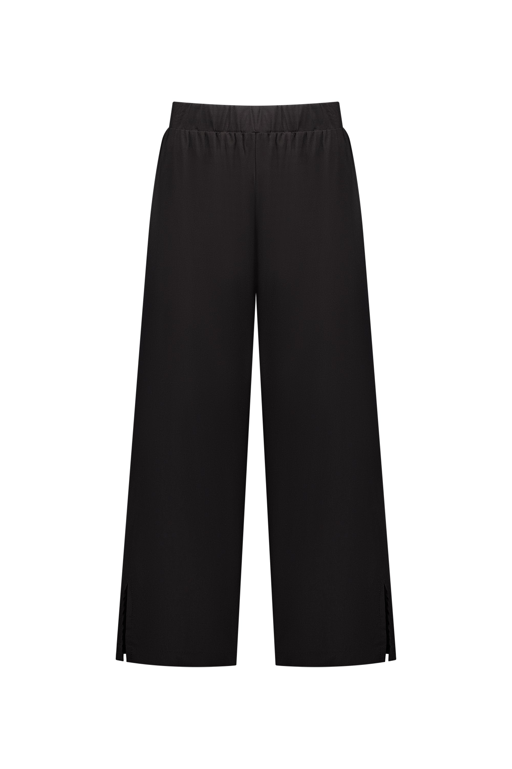 The Vassalli Paris Wide Leg Crop - Black features an elastic waistband, small side slits on each leg, and stretch fabric, shown against a plain white background.