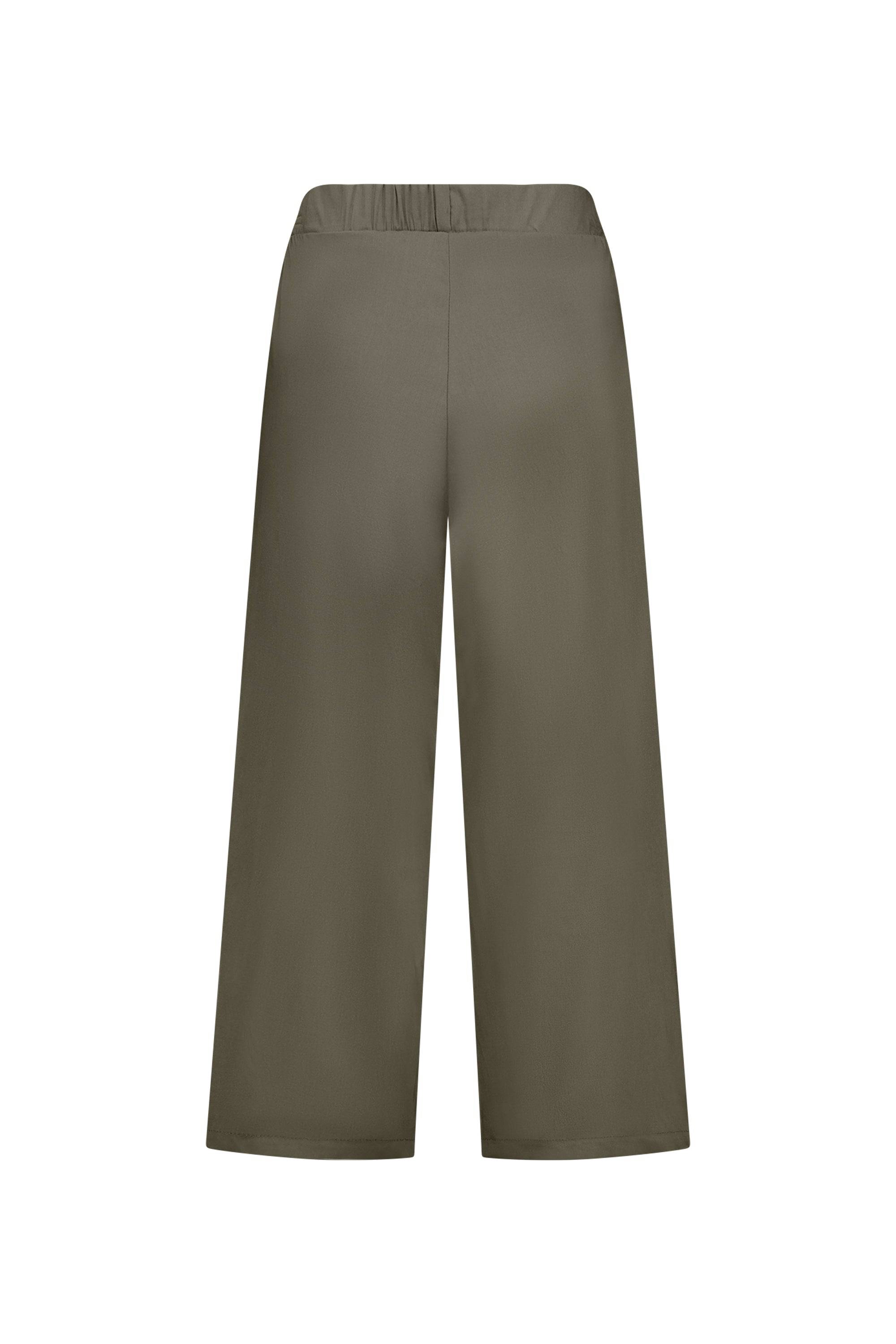 The Vassalli Paris Wide Leg Crop - Khaki features a loose fit, wide legs, and an elastic waistband, crafted from stretch fabric for comfort. Made in New Zealand and shown against a white background.
