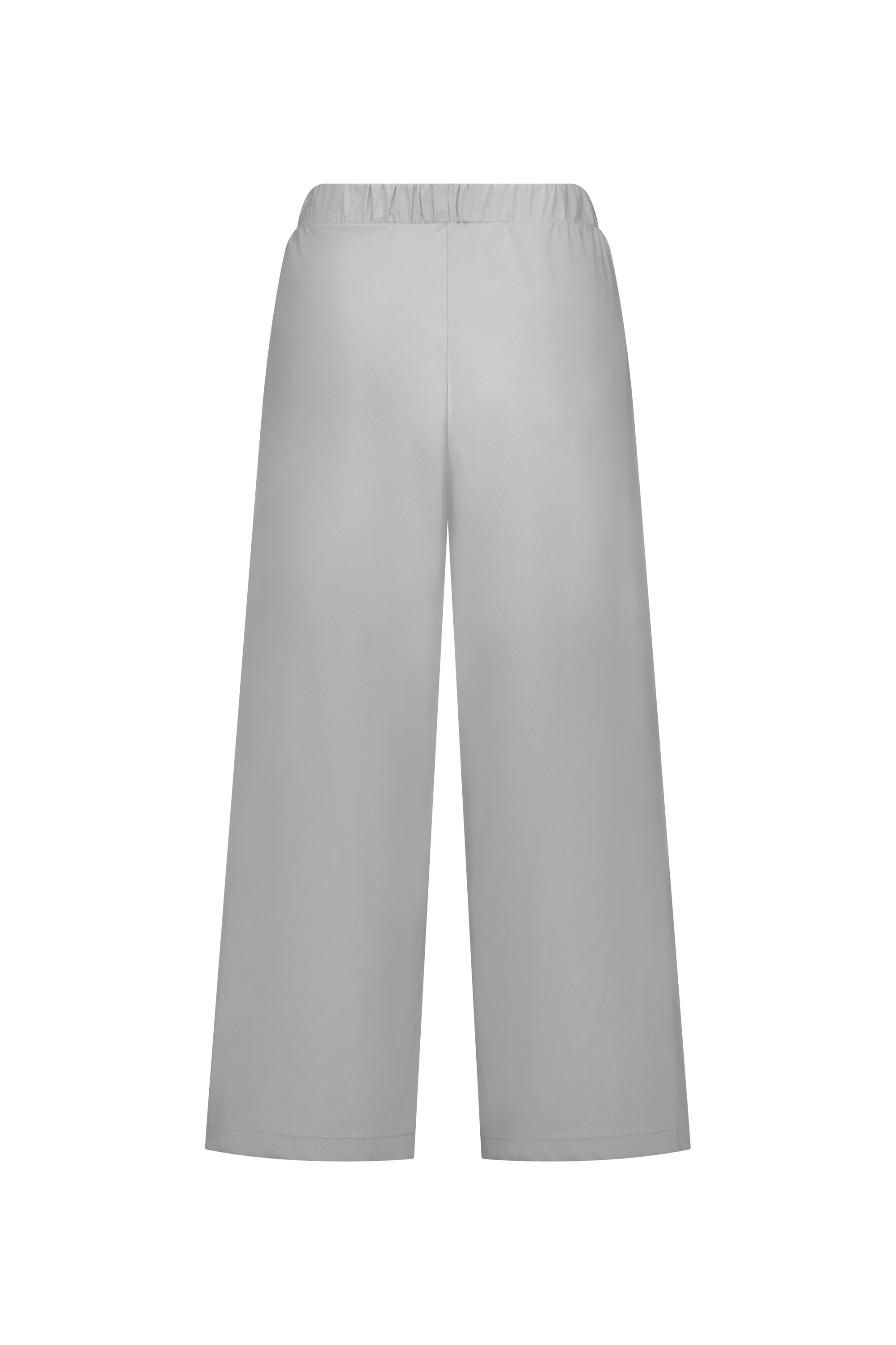 Vassalli Paris Wide Leg Crop - Silver pants feature a light gray stretch fabric, elastic waistband, and relaxed wide-leg fit. Shown from the back against a white background, these pants have no visible pockets or embellishments.
