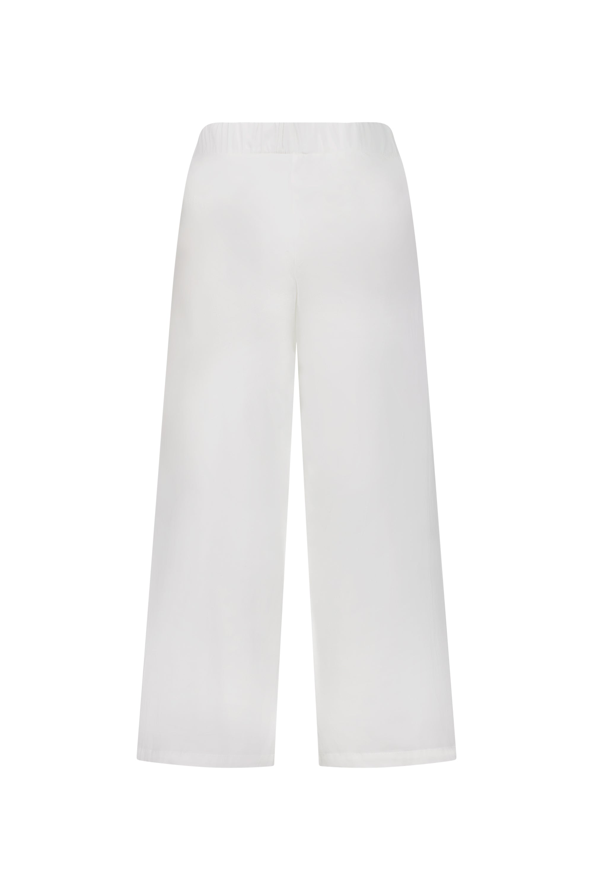 The Vassalli Paris Wide Leg Crop - White features a loose, flowing fit with an elastic waistband and stretch fabric. Made in New Zealand, these wide-leg pants have no visible pockets or embellishments and are shown on a plain white background.