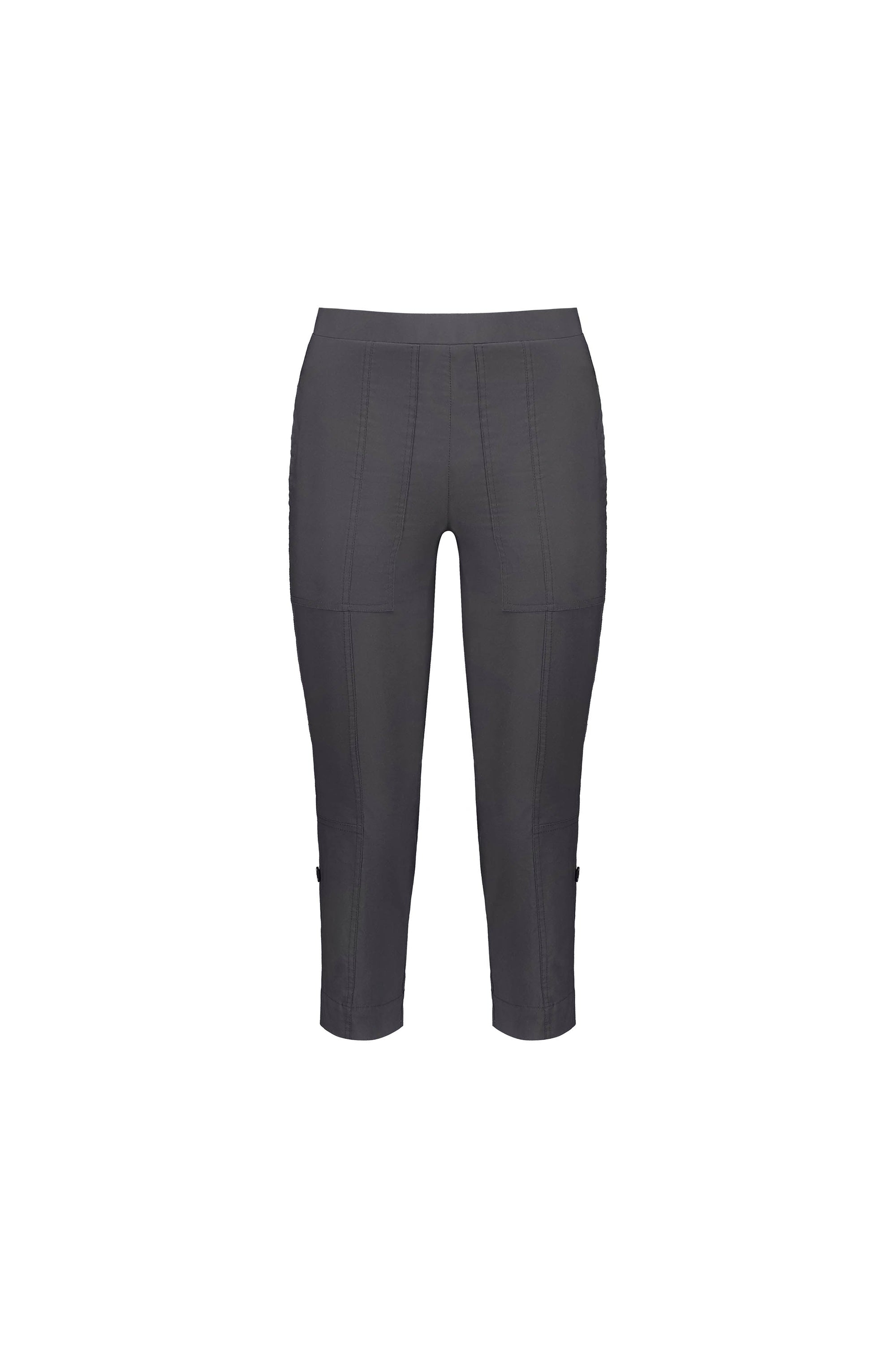 The Vassalli Paris 3/4 Cargo Short - Beluga is a dark gray, high-waisted, slim fit style with visible seam detailing, made in New Zealand from stretch fabric, shown on a white background.