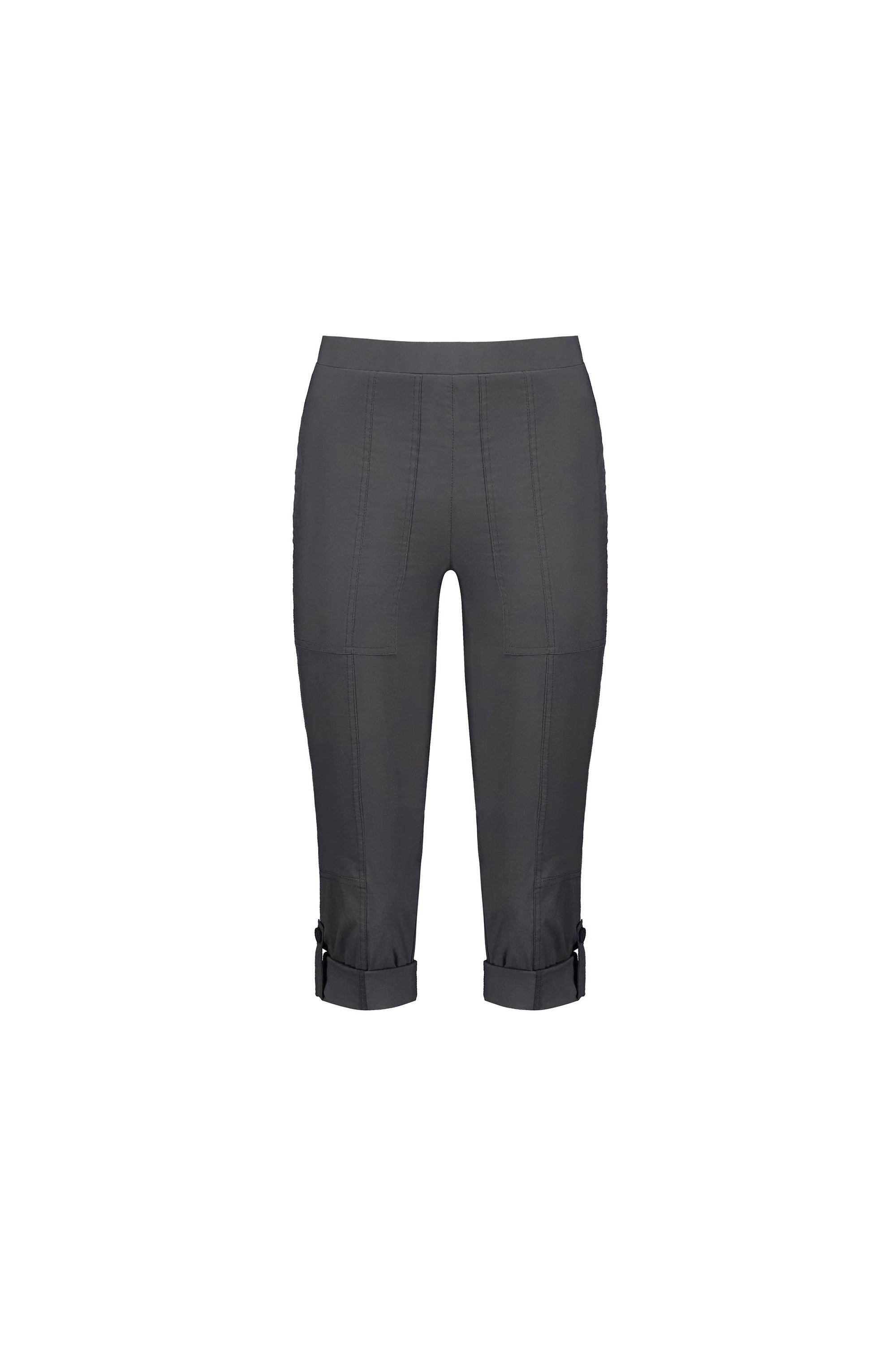 The Vassalli Paris 3/4 Cargo Short - Beluga is a fitted, dark gray stretch short with visible seams, rolled cuffs secured by buckle straps at the hem, shown on a plain white background.