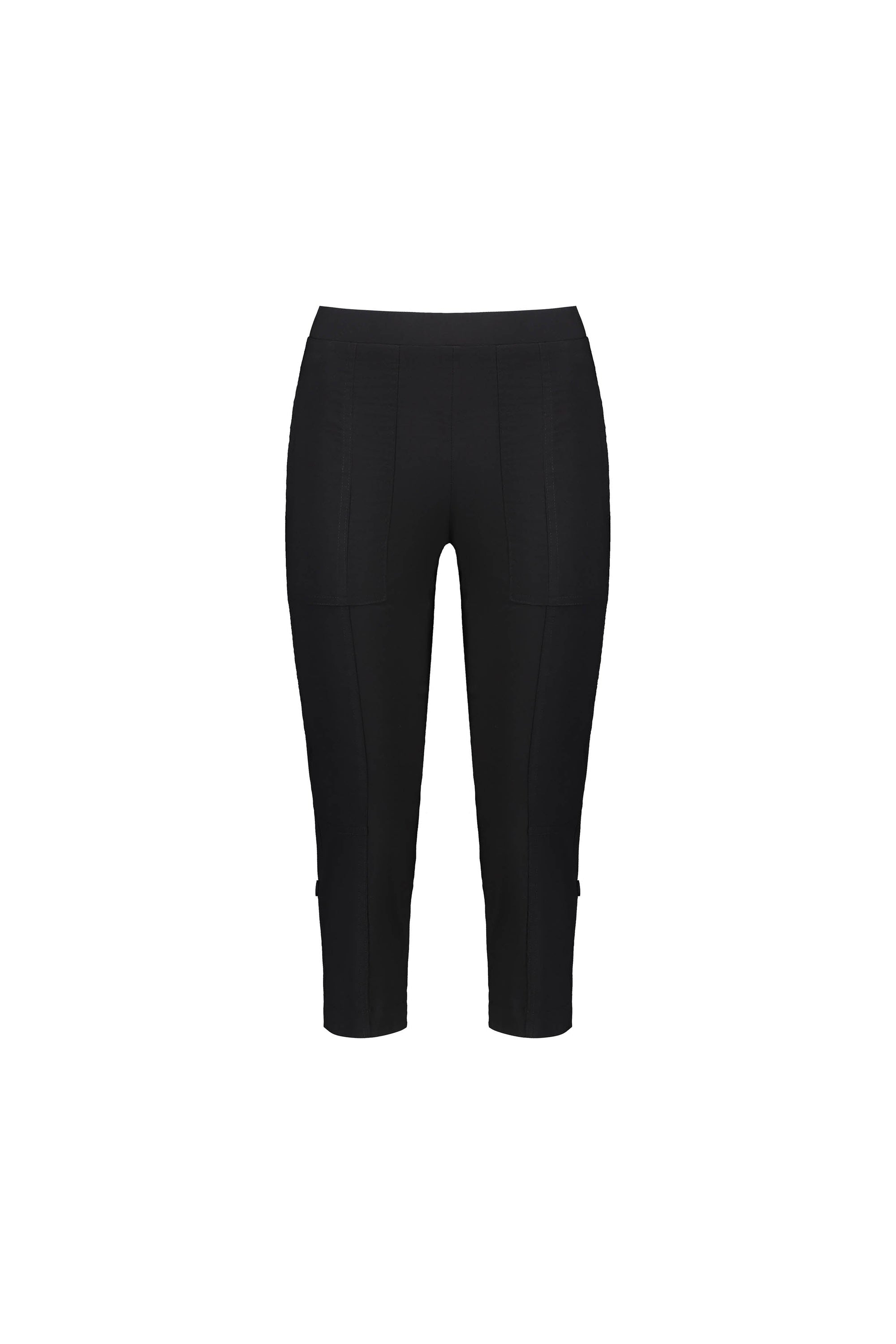 The Vassalli Paris 3/4 Cargo Short in black features a mid-rise, cropped fit with stretch fabric and visible seam details, made in New Zealand.