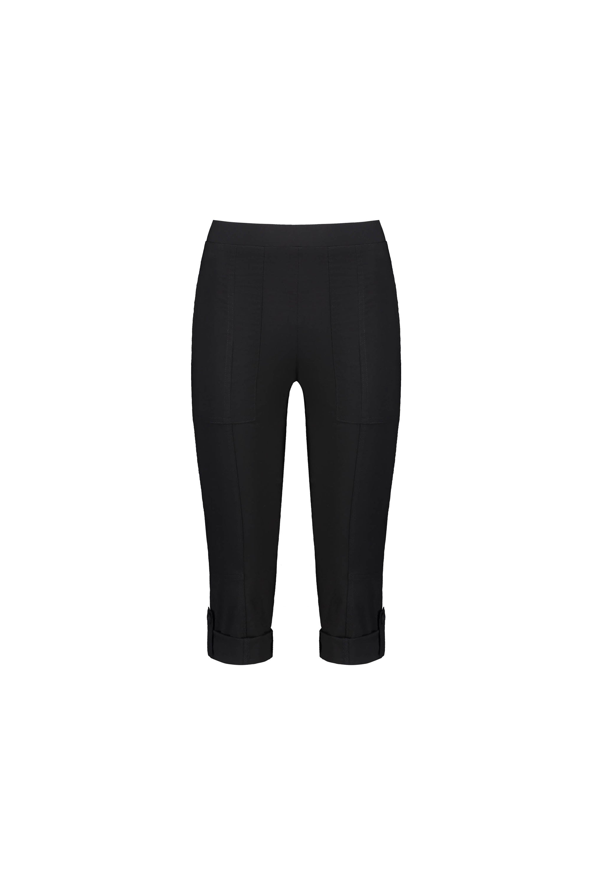 The Vassalli Paris 3/4 Cargo Short in black features a fitted waist, front seam details, and cuffed hems with button accents. Made from stretch fabric for comfort, these shorts are made in New Zealand and shown on a plain white background.