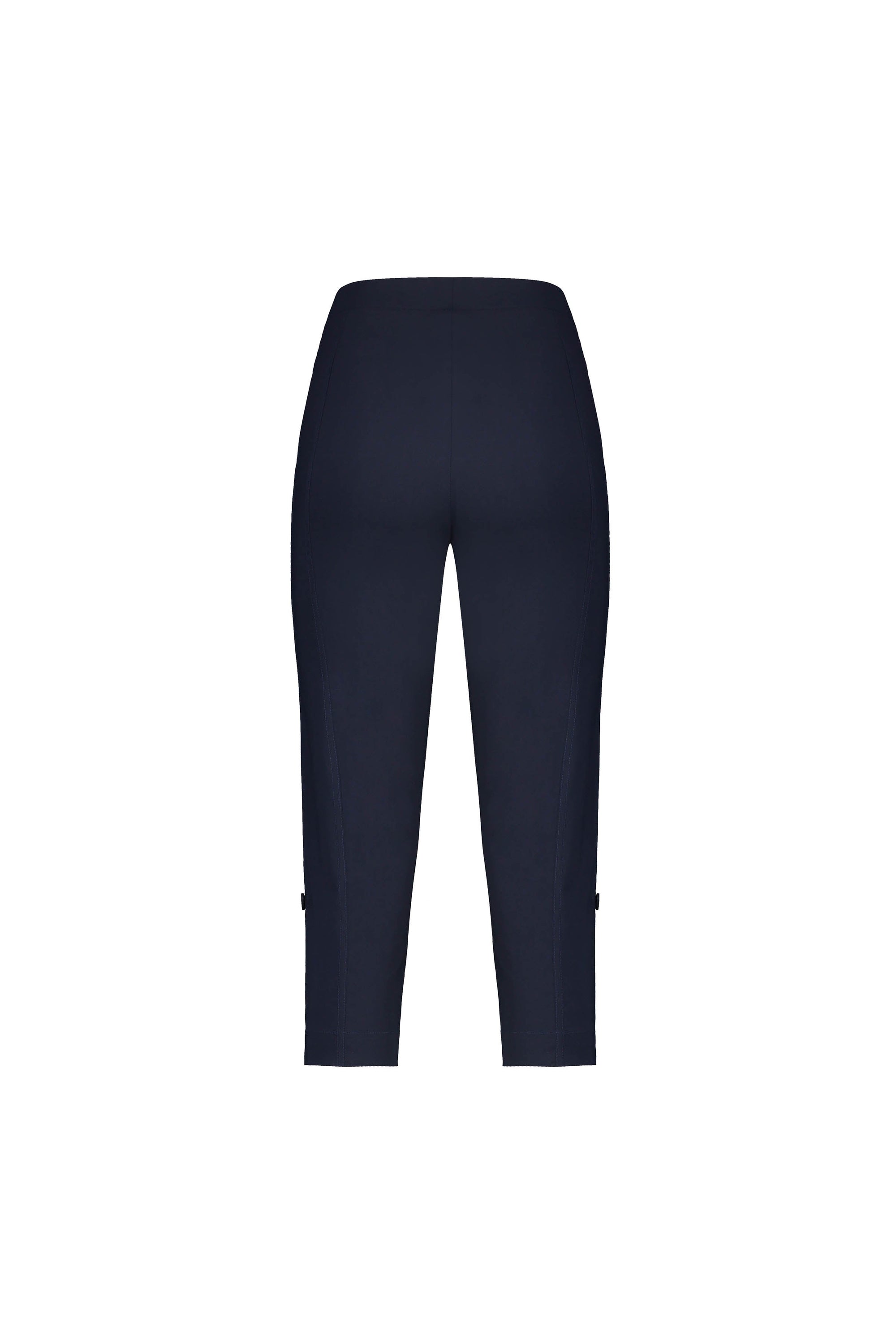 The Vassalli Paris 3/4 Cargo Short - Inka is a navy blue, high-waisted, cropped pant in stretch fabric, shown from the back on a white background.