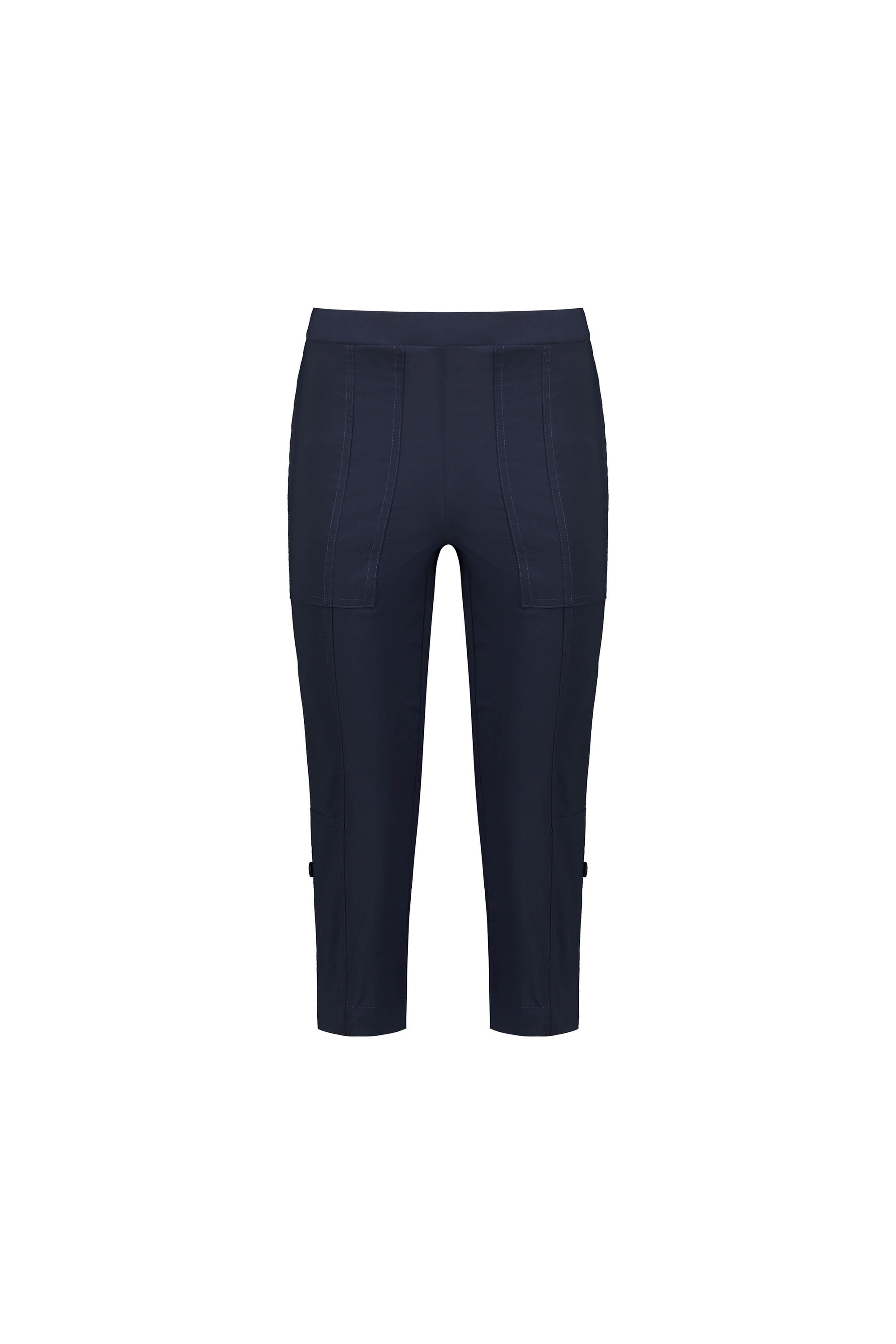 The Vassalli Paris 3/4 Cargo Short - Inka features navy blue stretch fabric, front seams, two front patch pockets, and a fitted waistband, shown against a plain white background.
