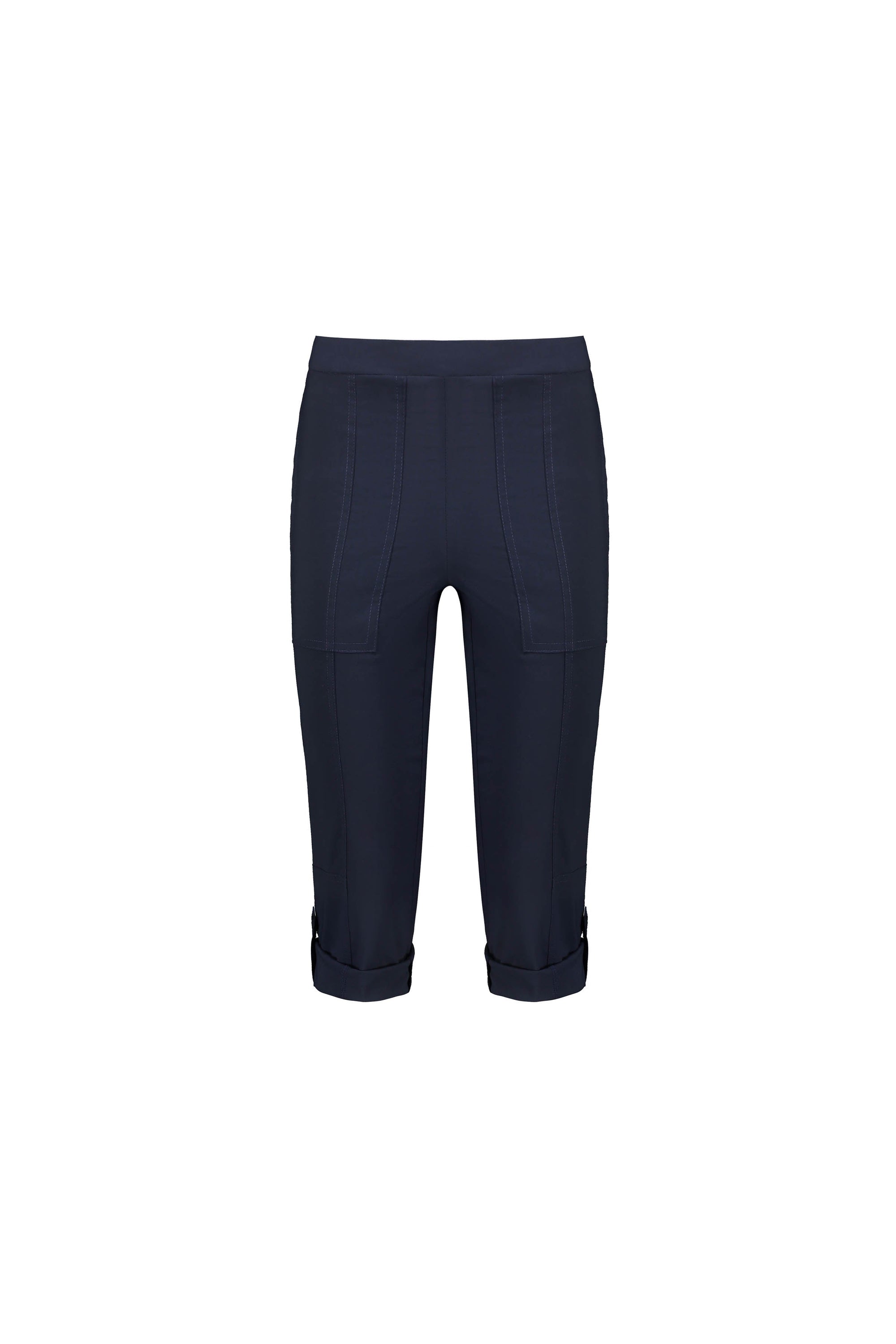 The Vassalli Paris 3/4 Cargo Short - Inka features navy blue stretch fabric, front patch pockets, cuffed hems with button details, and is shown against a plain white background.