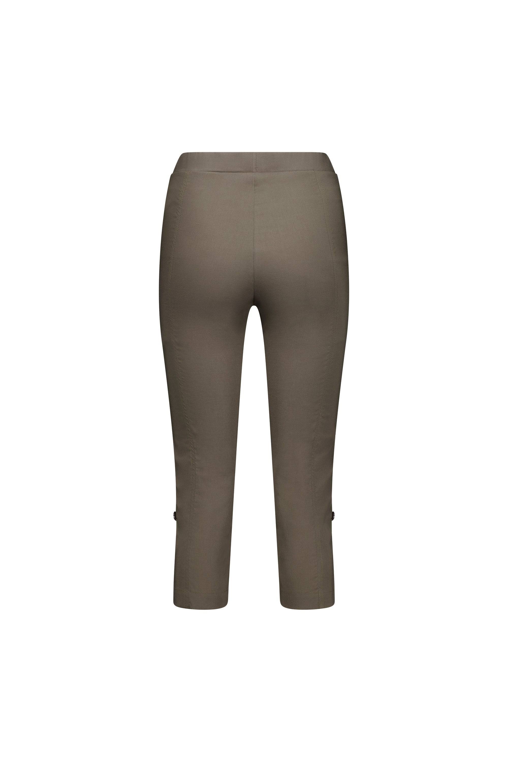 Back view of Vassalli Paris 3/4 Cargo Short in khaki, featuring a fitted design, stretch fabric, mid-rise waist, and button details at the hems. Made in New Zealand. Shorts are shown against a plain white background.