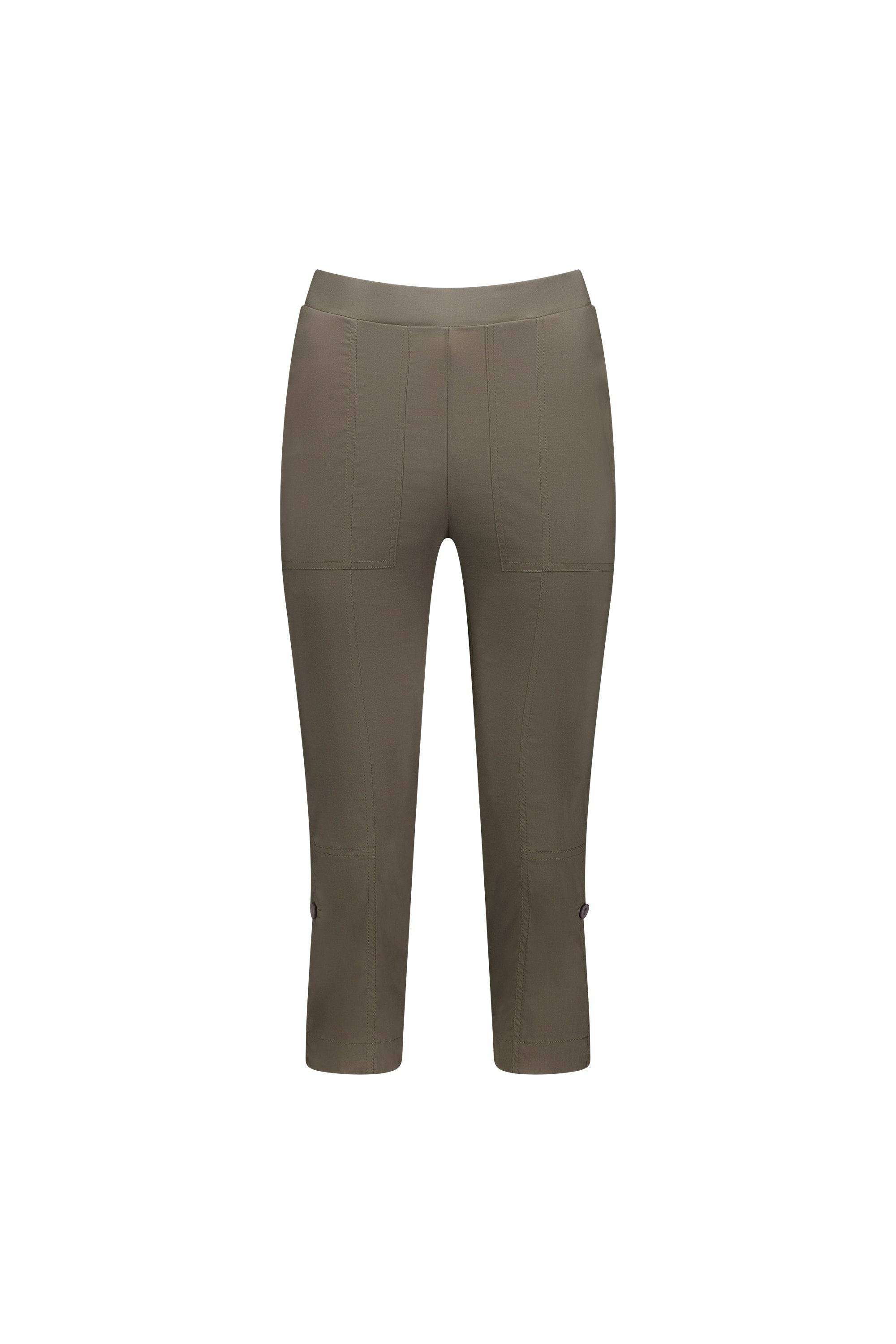The Vassalli Paris 3/4 Cargo Short in khaki features seam detailing and button accents near the hem, crafted from stretch fabric and shown on a plain white background.