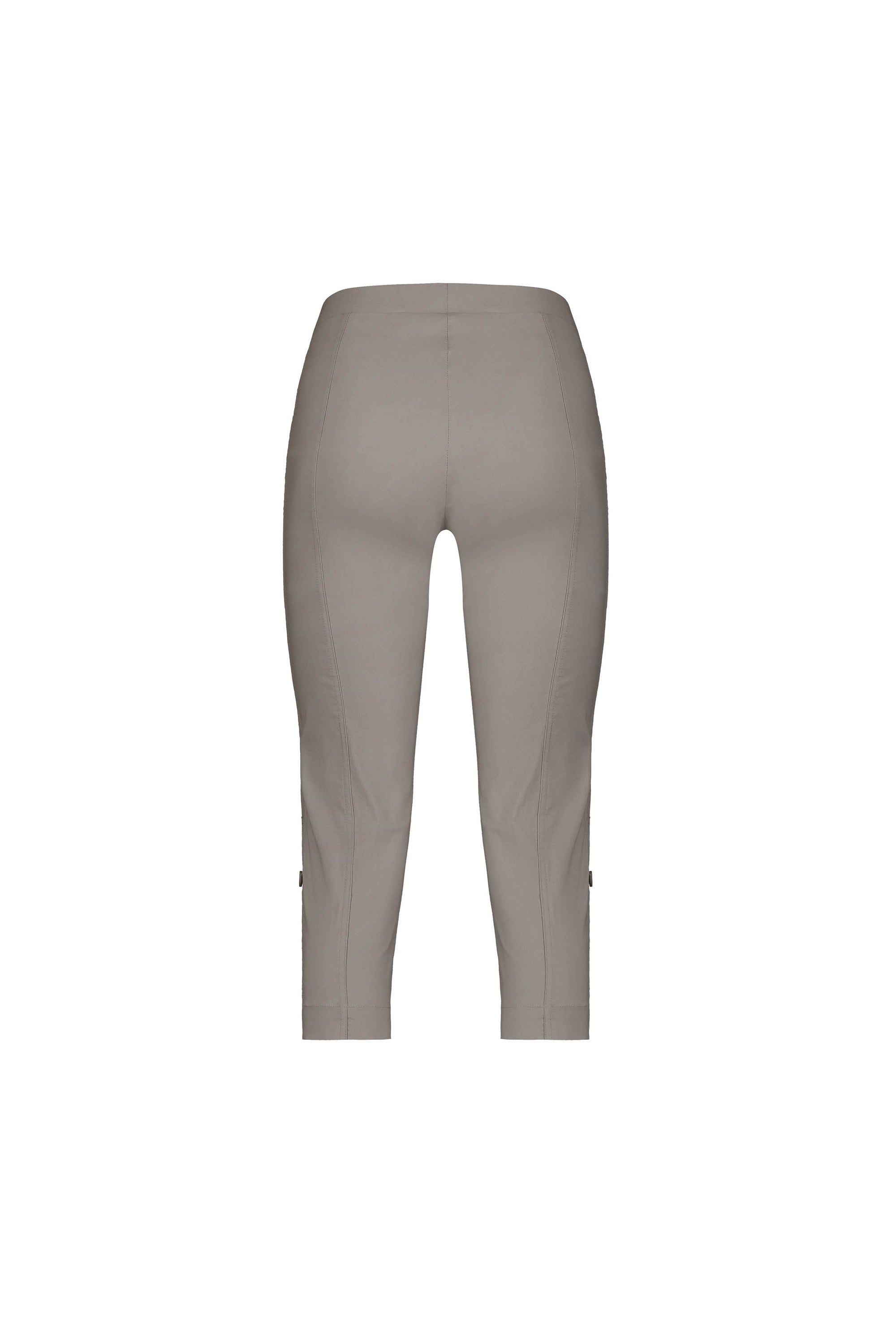 Back view of the Vassalli Paris 3/4 Cargo Short in Latte, a high-waisted, light gray cropped pant with seam details and slim fit in stretch fabric, photographed against a plain white background.
