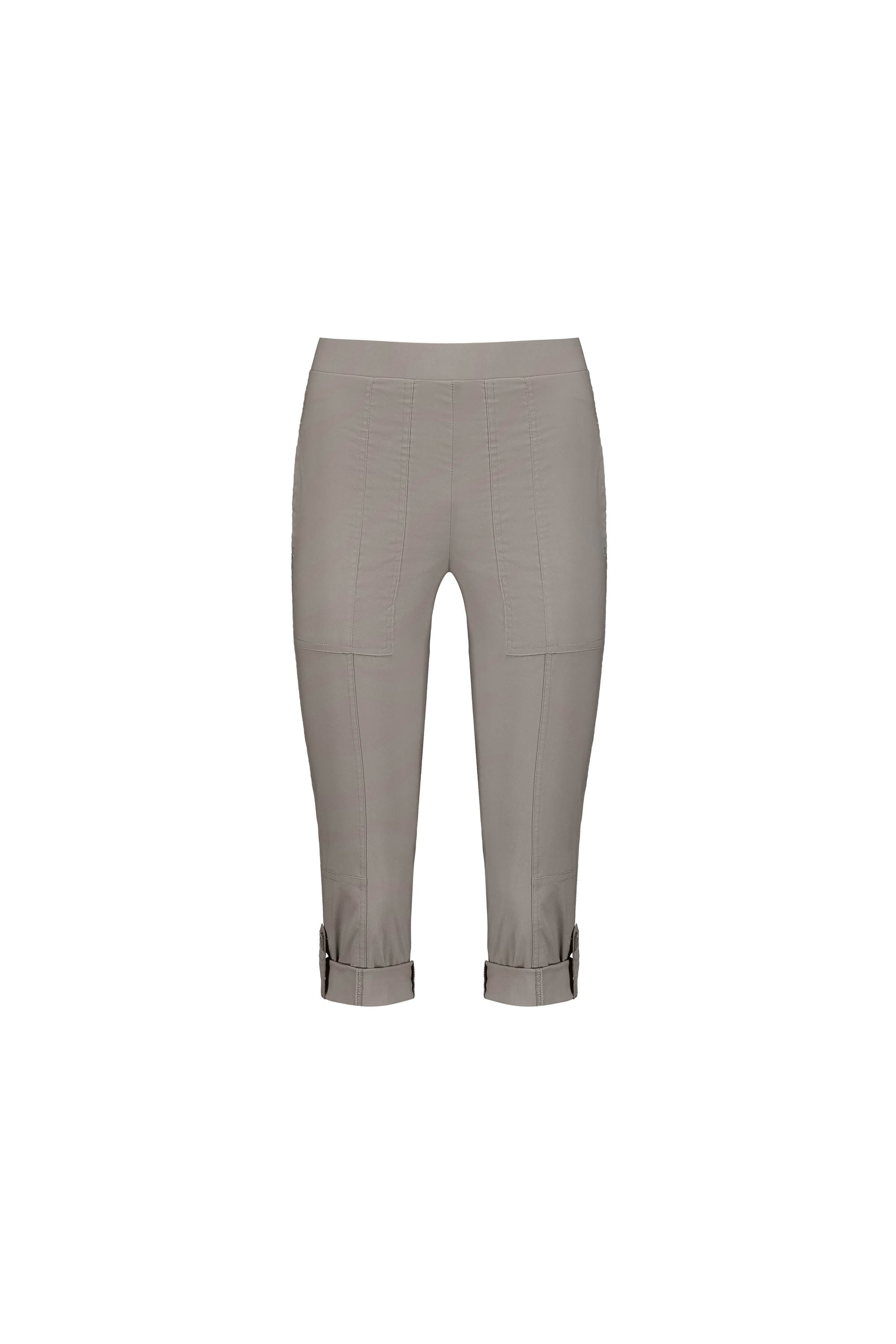 Vassalli Paris 3/4 Cargo Short in Latte, crafted from stretch fabric with visible seams and adjustable cuff straps, shown on a plain white background.