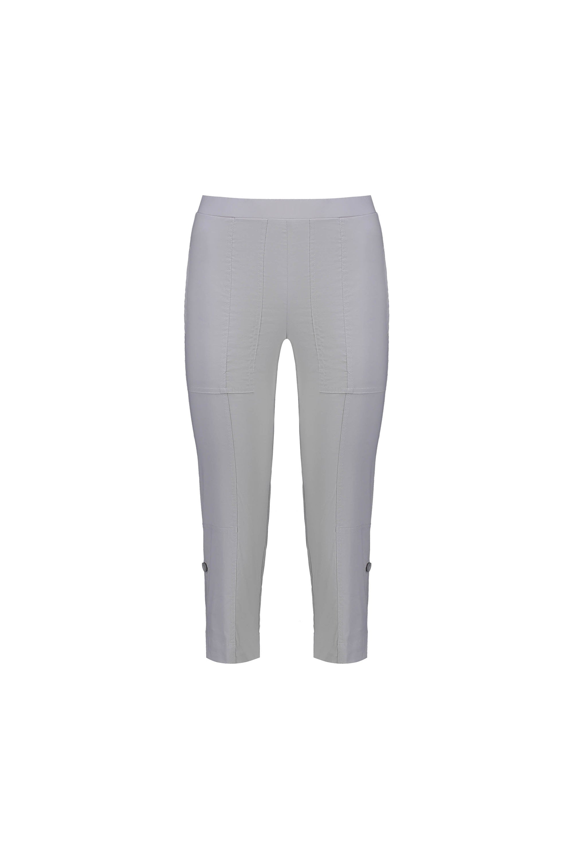The Vassalli Paris 3/4 Cargo Short in Silver features a light grey shade, cropped length, flat waistband, seam details, and button accents at the hem. Made in New Zealand from stretch fabric and shown on a plain white background.