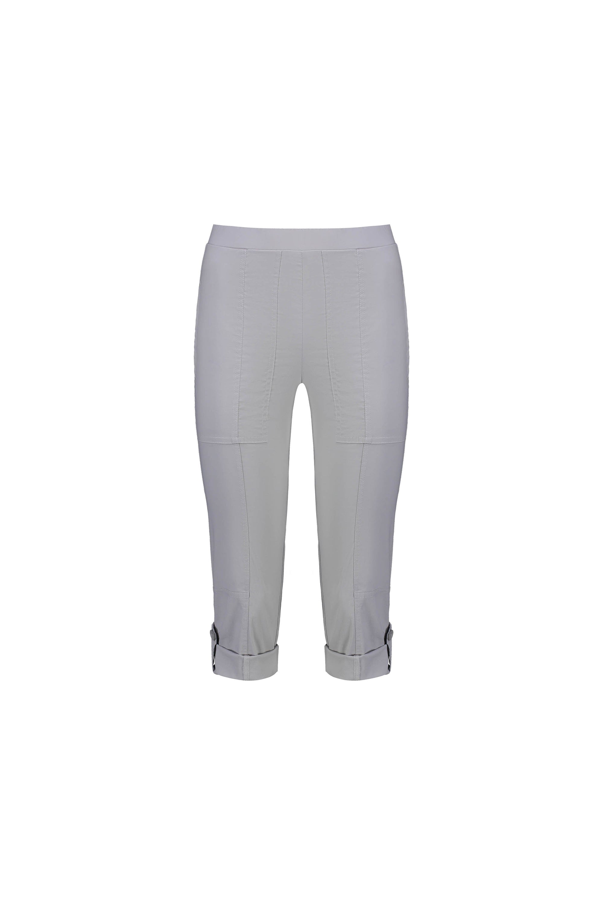 The Vassalli Paris 3/4 Cargo Short in Silver features a slim fit, visible stitching, rolled cuffs, and buttoned straps at the hem. Made from stretch fabric, this style is shown on a plain white background.