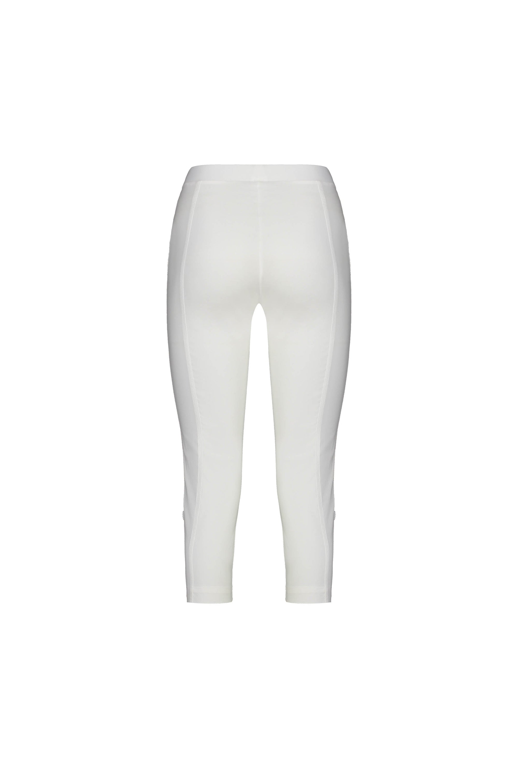 The Vassalli Paris 3/4 Cargo Short in White is shown from the back on a plain white background, featuring a high waistband and fitted stretch design that ends below the knee for a sleek, comfortable fit.