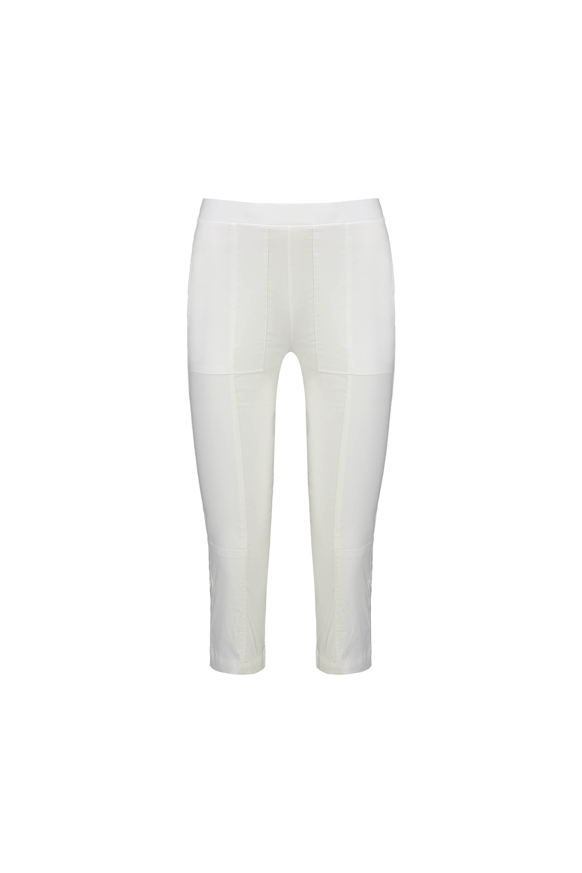 The Vassalli Paris 3/4 Cargo Short in white features a fitted, straight-leg cut, stretch fabric, mid-rise fit below the knee, seam detailing, and is part of the elegant Paris Collection. Displayed on a plain white background.