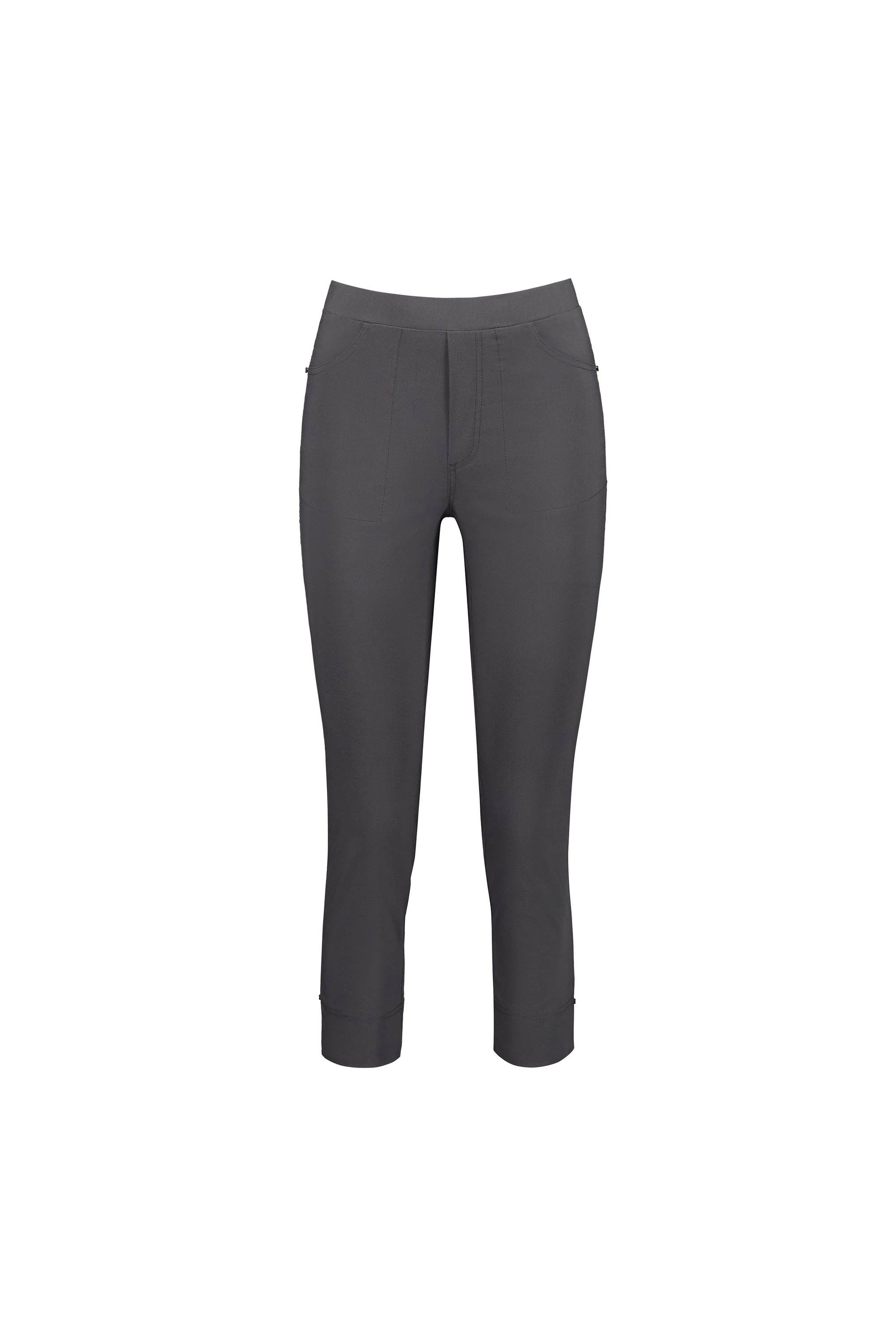 Vassalli Paris Tour Capri - Beluga: dark gray, slim-fit capri pants crafted from stretch fabric with flat front, two front pockets, and a mid-rise waistband, shown on a plain white background.