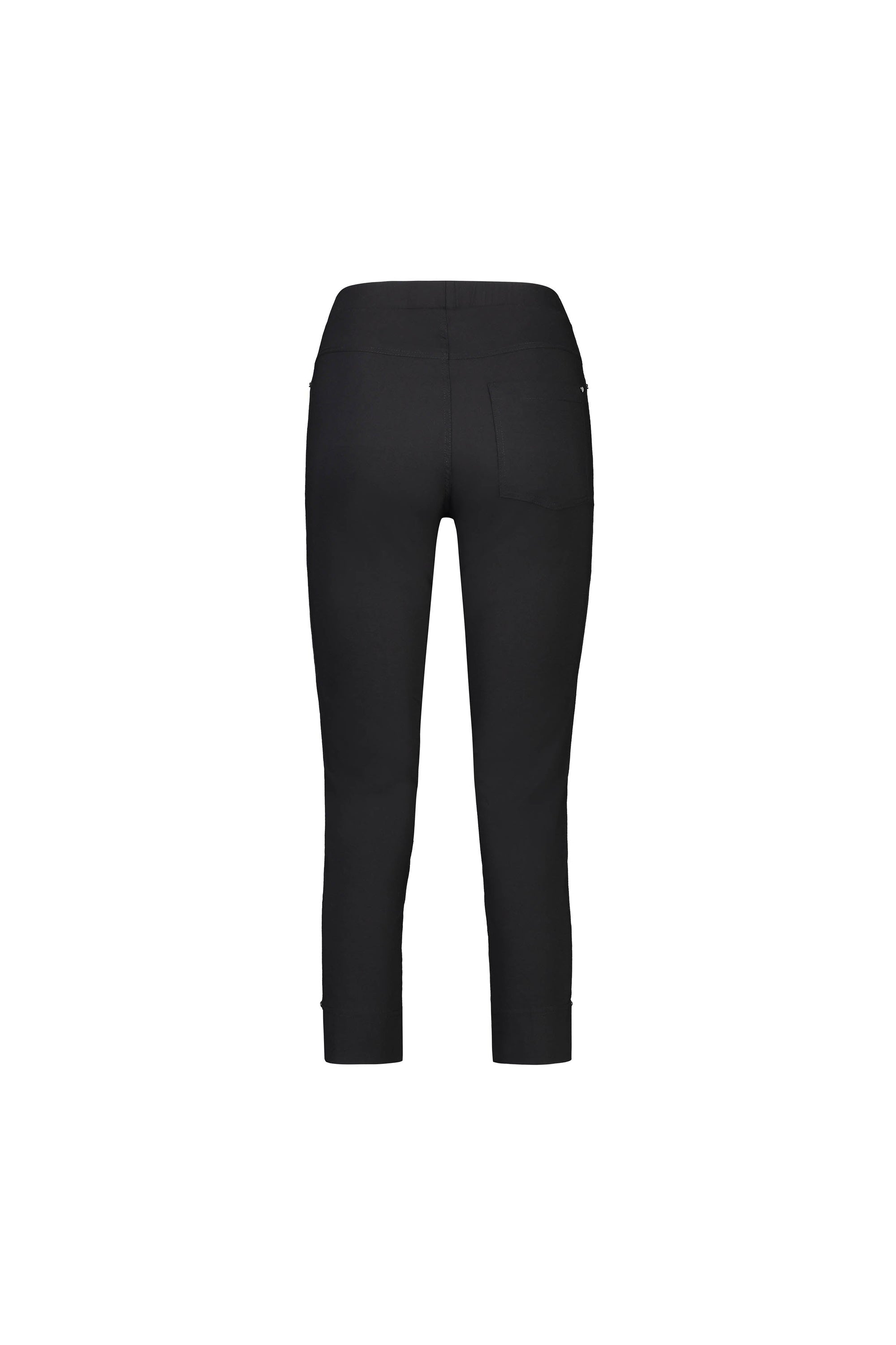 Back view of the Vassalli Paris Tour Capri - Black, slim-fit cropped pants in stretch fabric with visible stitching and two back pockets, shown on a white background.