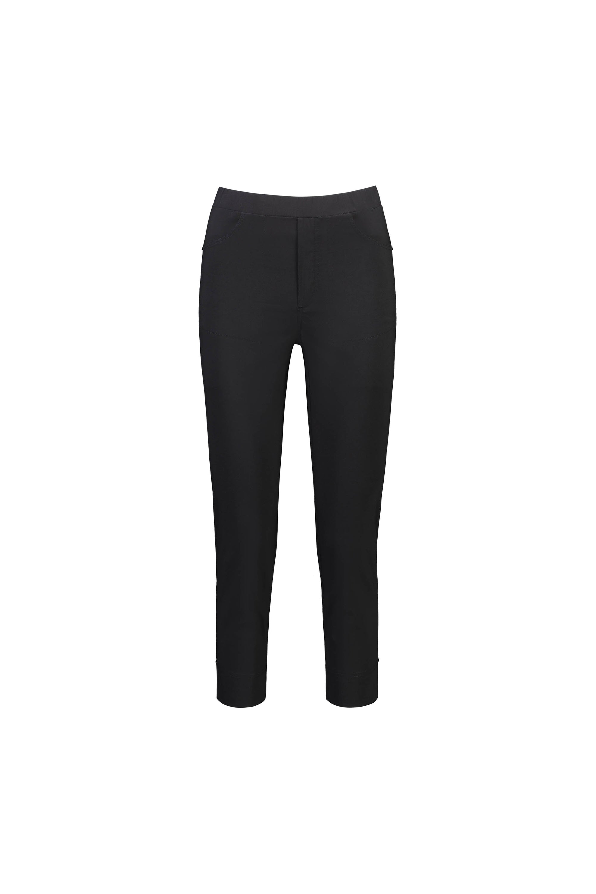 The Vassalli Paris Tour Capri - Black showcases slim-fit, ankle-length style in stretch fabric with a flat front and a sleek, pocket-free design, elegantly set against a white background.