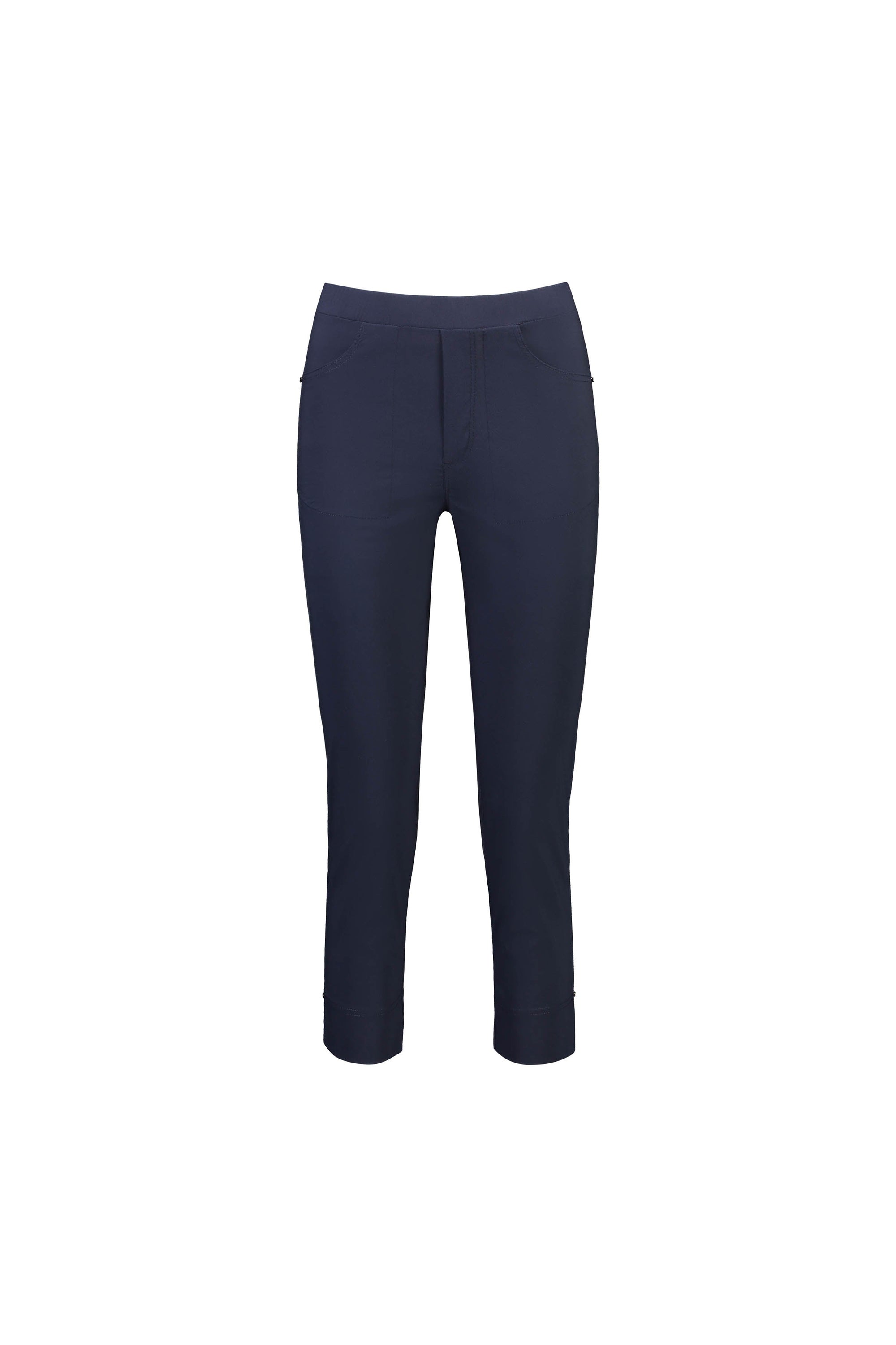 Vassalli Paris Tour Capri - Inka in navy blue features an ankle-length cut, fitted waist, front pleats, two side pockets, and stretch fabric, displayed on a plain white background.