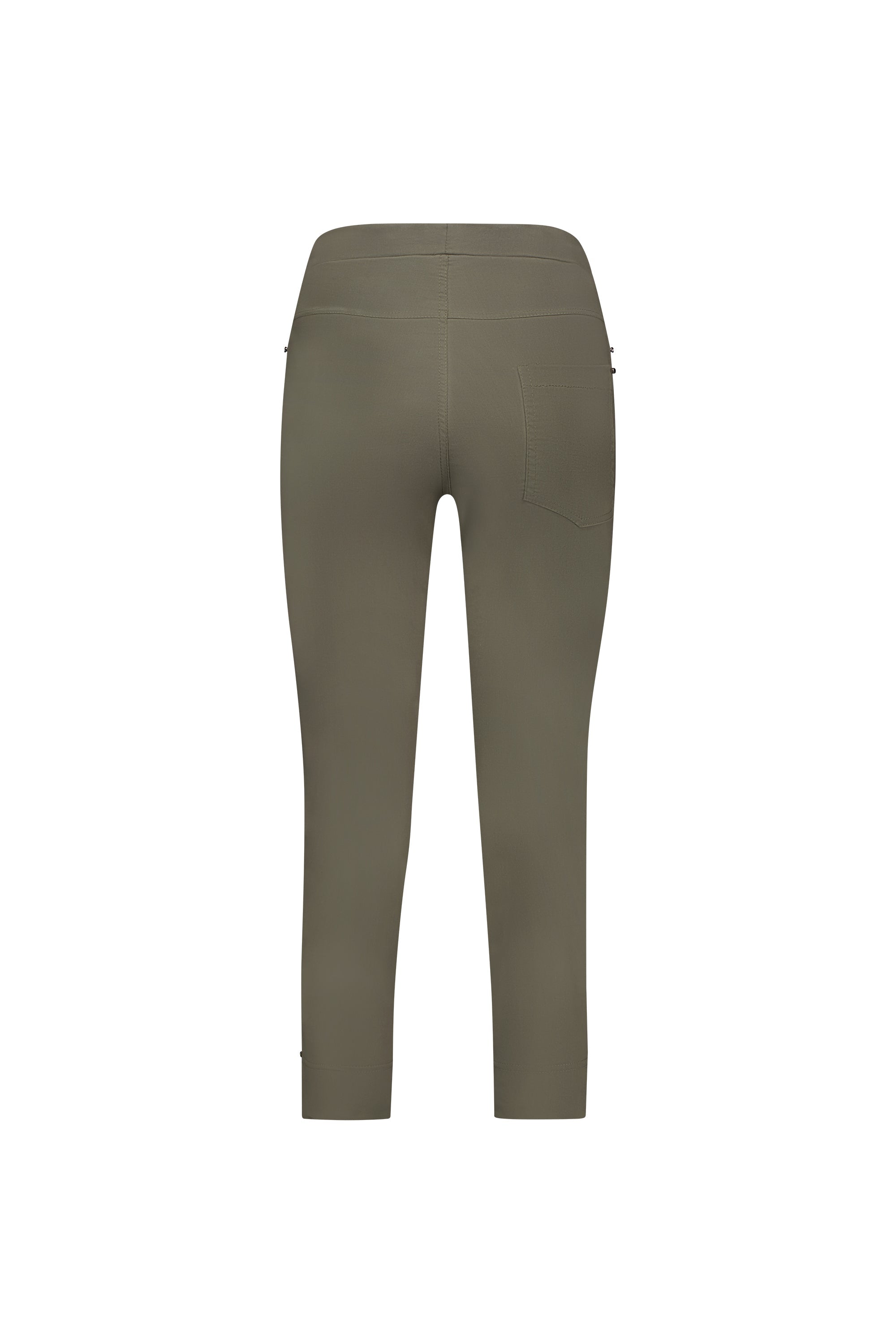 Back view of Vassalli Paris Tour Capri in khaki, featuring a high waist, ankle length, stretch fabric, visible seams, and a single back pocket from the Paris Collection on a plain white background.