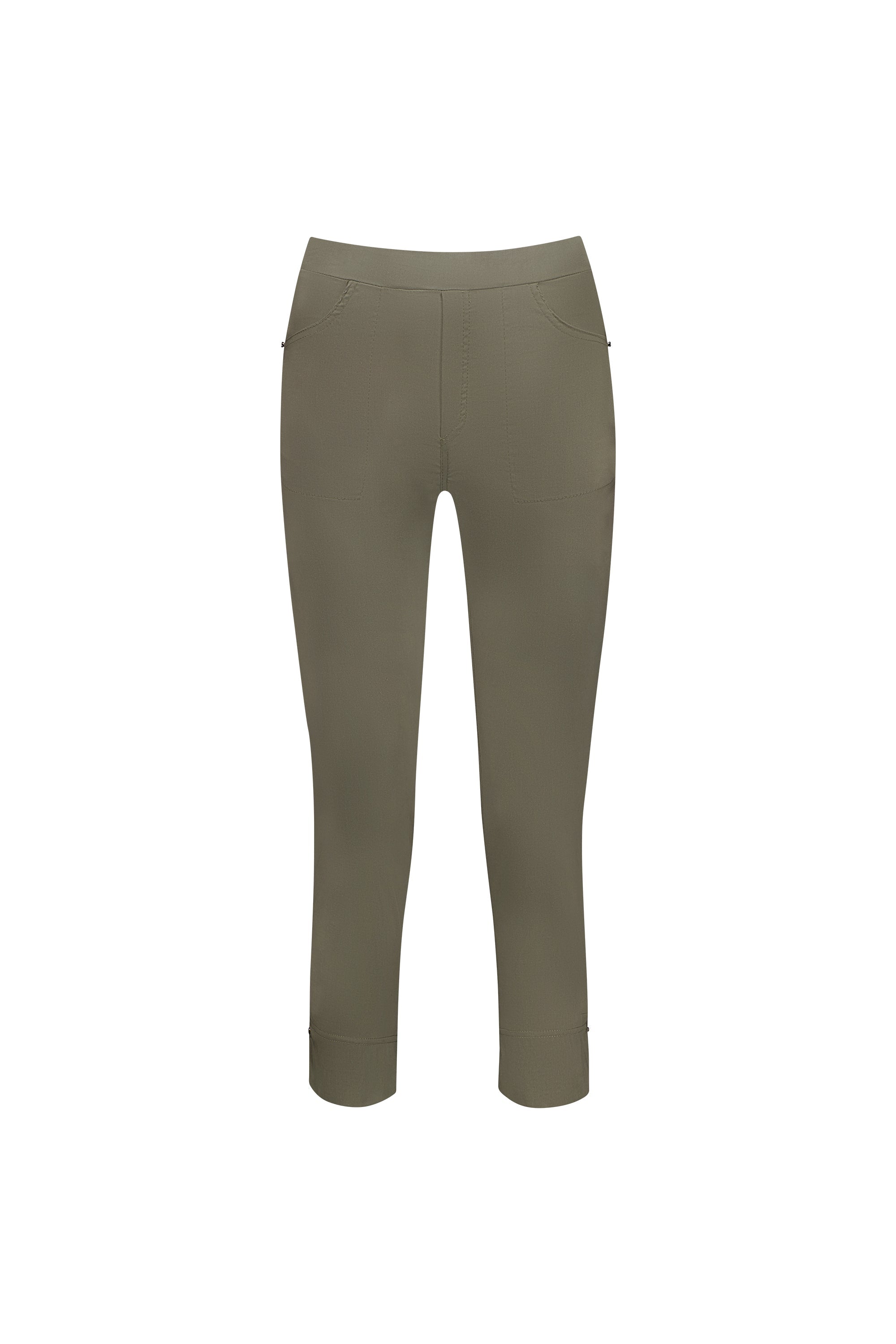 The Vassalli Paris Tour Capri - Khaki are ankle-length stretch capri pants with a slim fit, front patch pockets, and hem slits, shown on a plain white background.