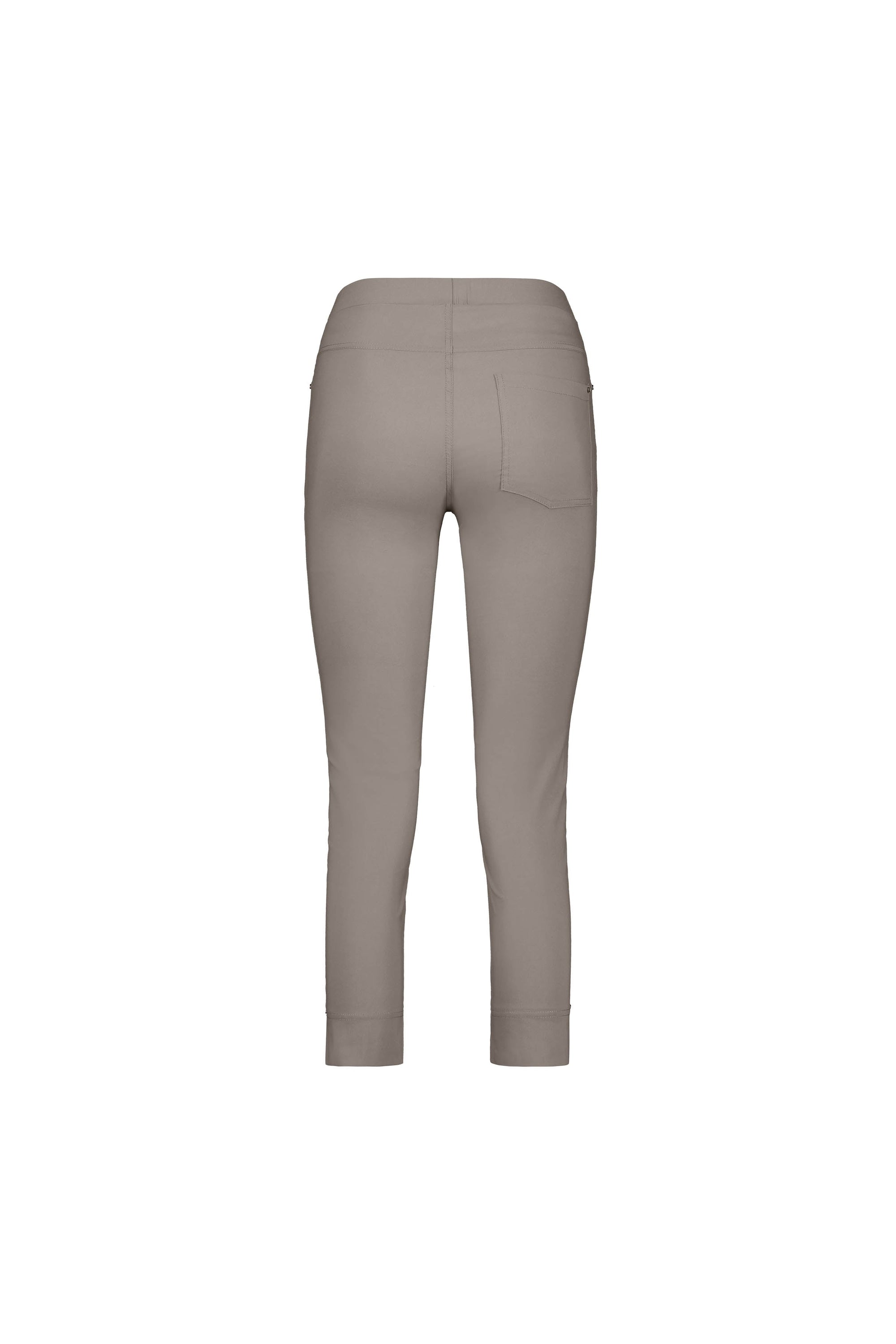 Back view of Vassalli's Paris Tour Capri in Latte, ankle-length with two rear pockets, made from stretch fabric for comfort, shown on a plain white background.