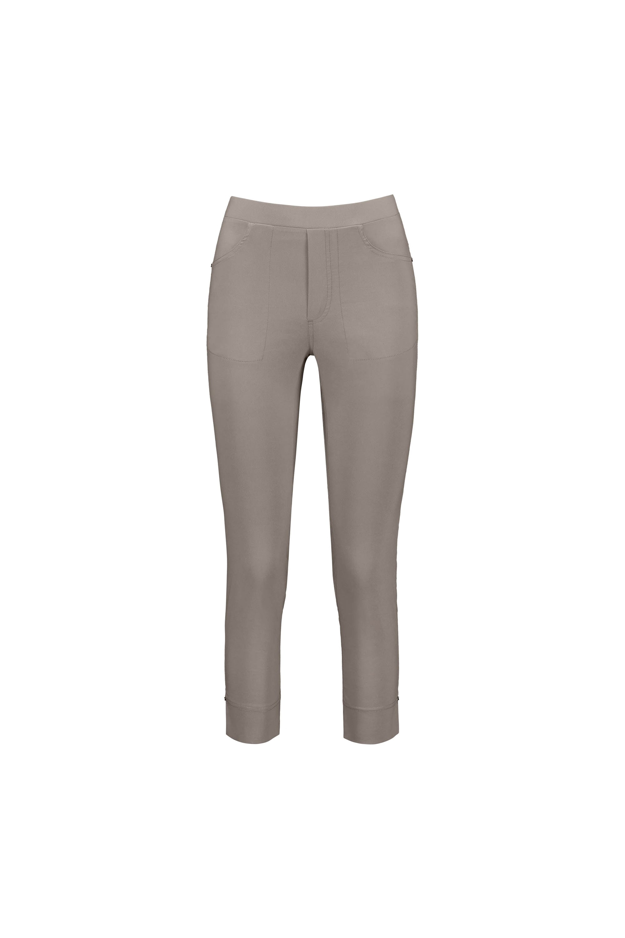 The Vassalli Paris Tour Capri - Latte are women's slim fit cropped pants in light taupe stretch fabric with front pockets, capri style, from the Paris Collection, shown on a plain white background.