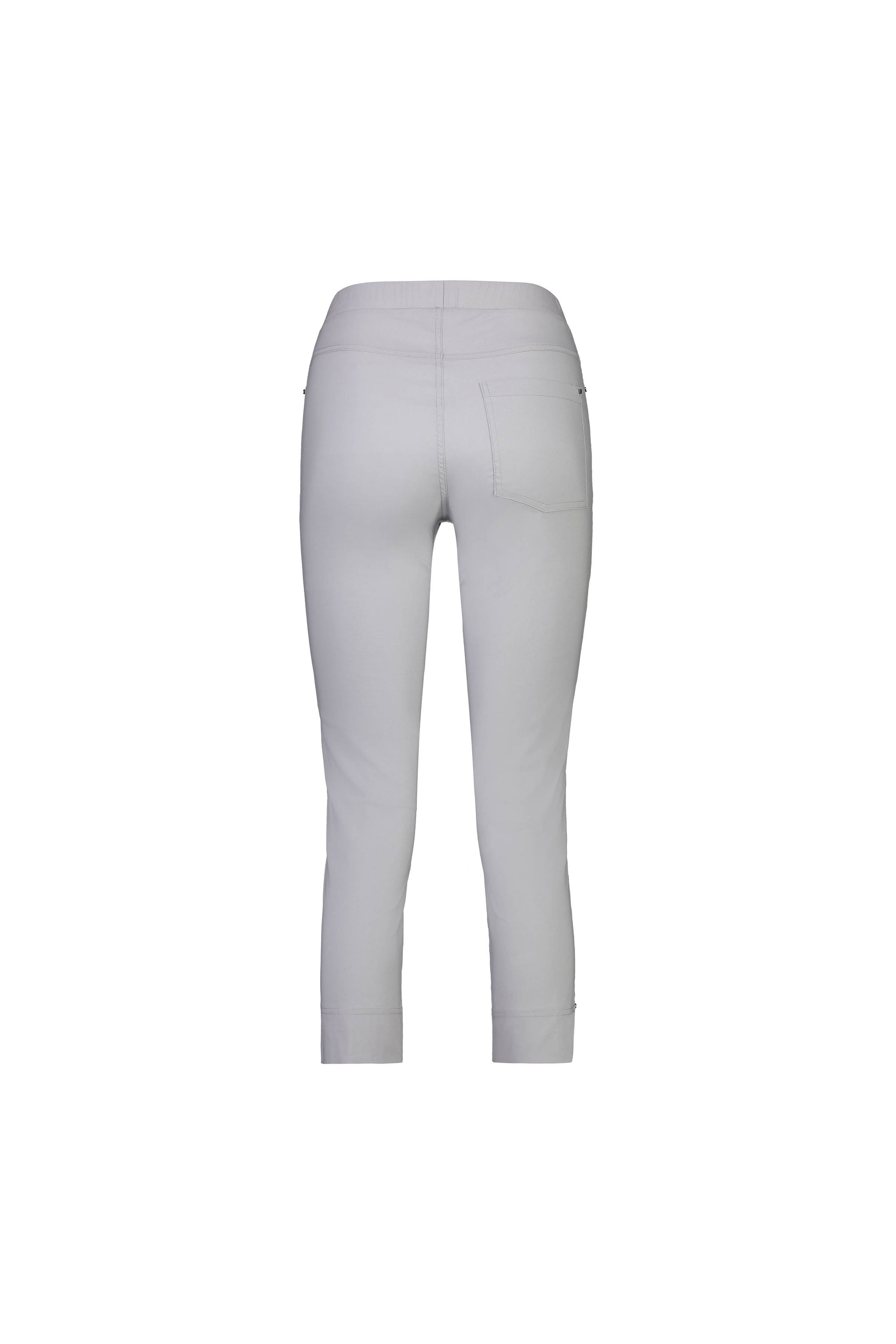 Back view of Vassalli Paris Tour Capri - Silver, ankle-length stretch pants with elastic waistband and two back pockets, shown on a white background.