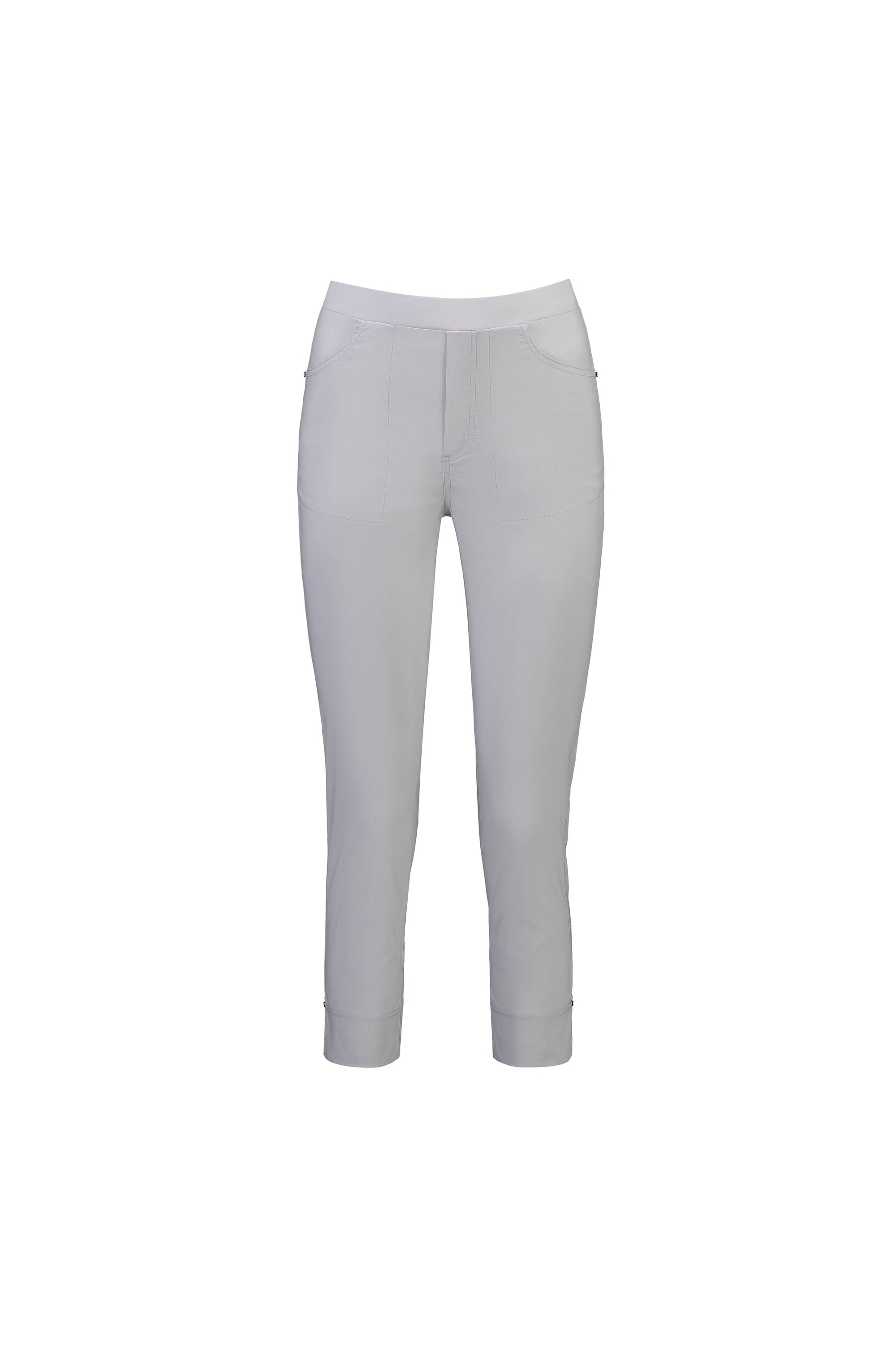 Vassalli Paris Tour Capri in Silver features a slim fit, mid-rise waistband, stretch fabric, front pockets, and cuffed hems. Displayed on a plain white background.