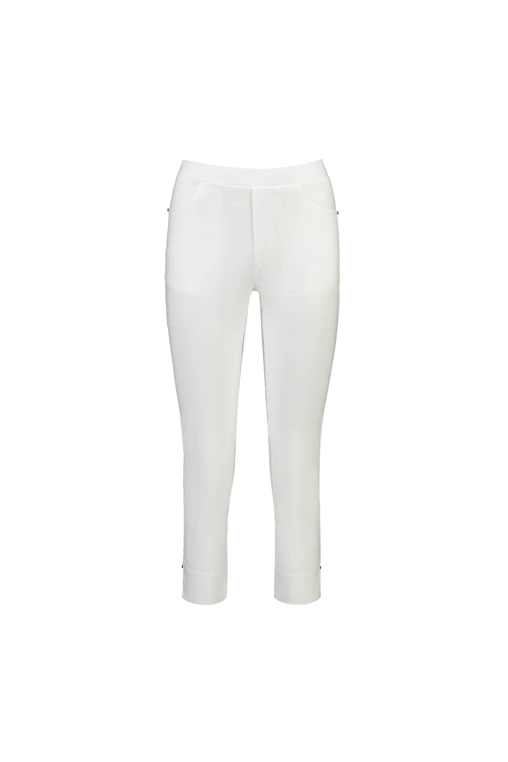 The Vassalli Paris Tour Capri in white are slim-fit, ankle-length stretch pants with a smooth waistband and visible front pockets, shown on a plain white background.