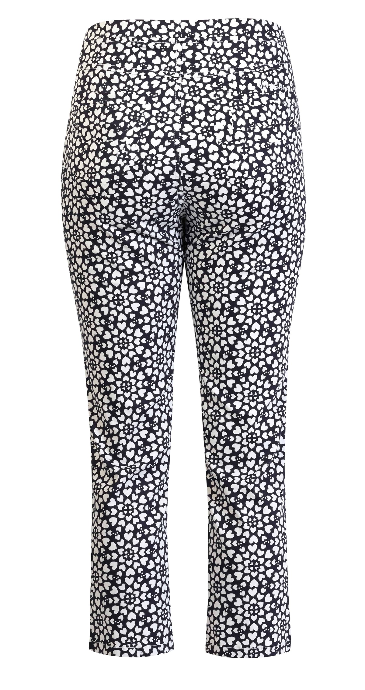 Back view of Vassalli Harbour 7/8 Pant - Hearts: lightweight, pull-on with a black and white heart print, featuring a high waist and straight legs for a flattering fit.