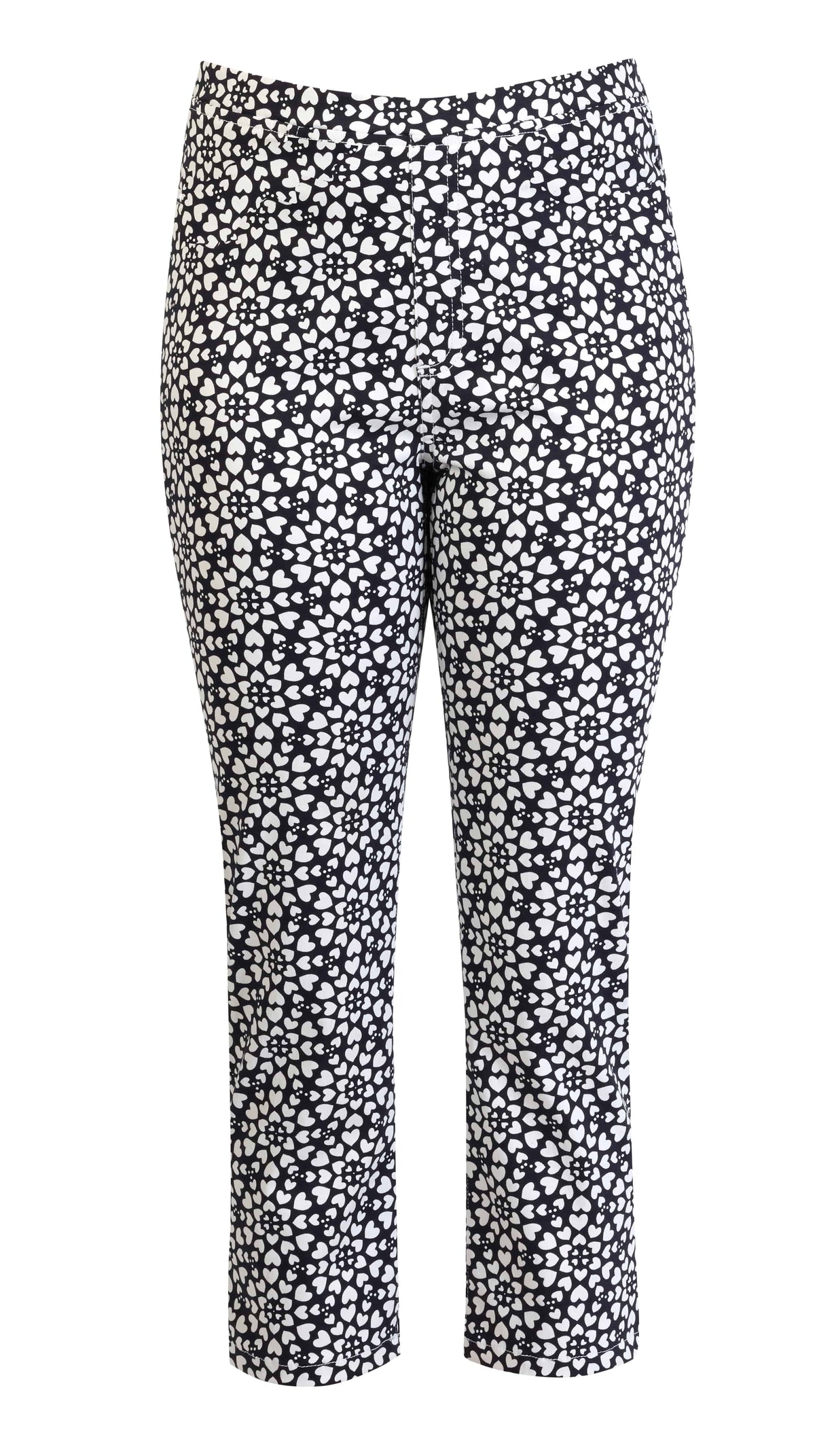 The Vassalli Harbour 7/8 Pant - Hearts features a black and white heart pattern in a lightweight, pull-on skinny leg style, shown here on a white background.