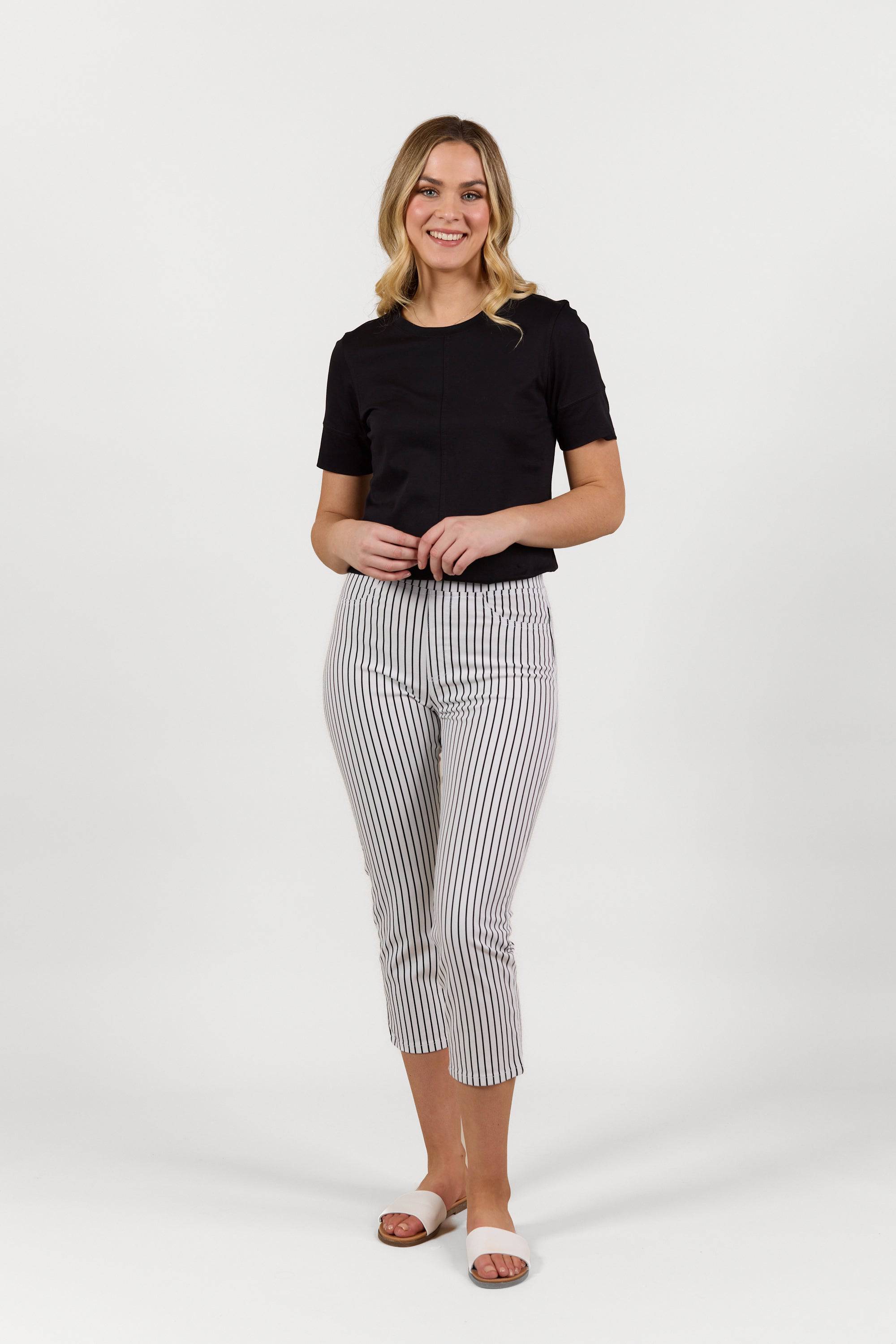 S274LW Black Stripe/White - Slim Leg 7/8 Length Lightweight Pull-On - Vassalli