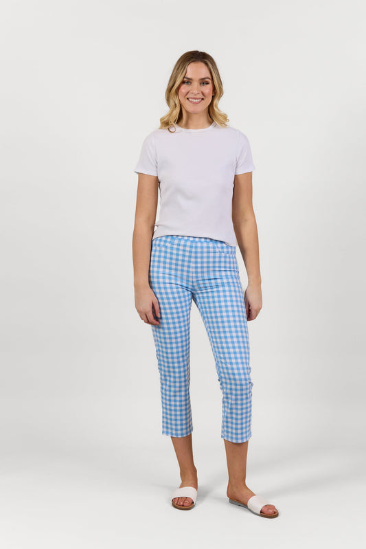 S274LW Blue Check - Slim Leg 7/8 Length Lightweight Pull On - Vassalli