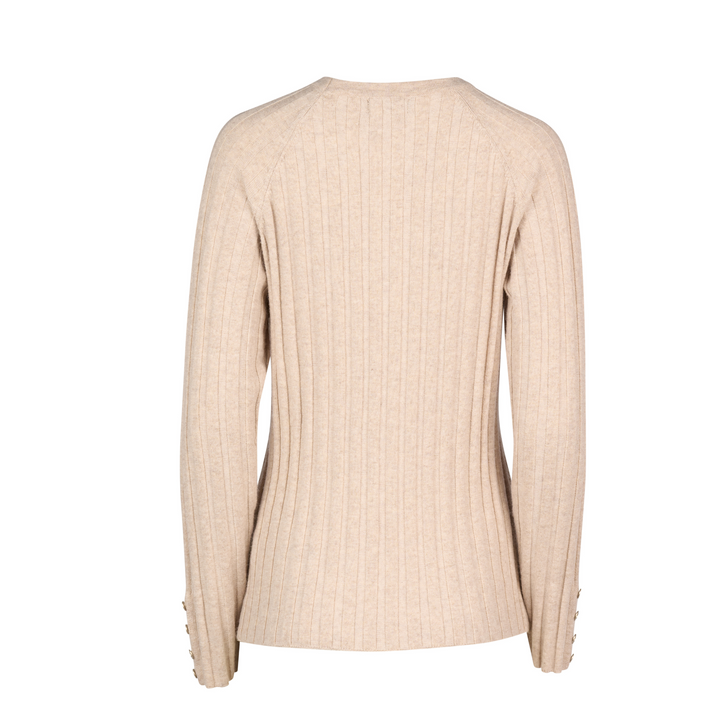 1071 Oatmeal - Round Neck Ribbed Knit Jumper with Dome Cuff Detail - Vassalli