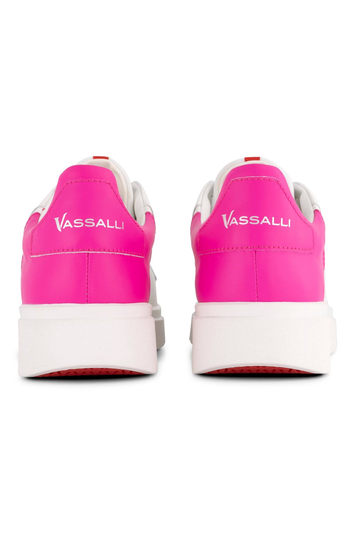 The Vassalli VS-001 White/Fuchsia Laced Sneaker features a trendy platform design with white soles, red inner detail, and the Vassalli brand name in white on each heel, shown from the back.