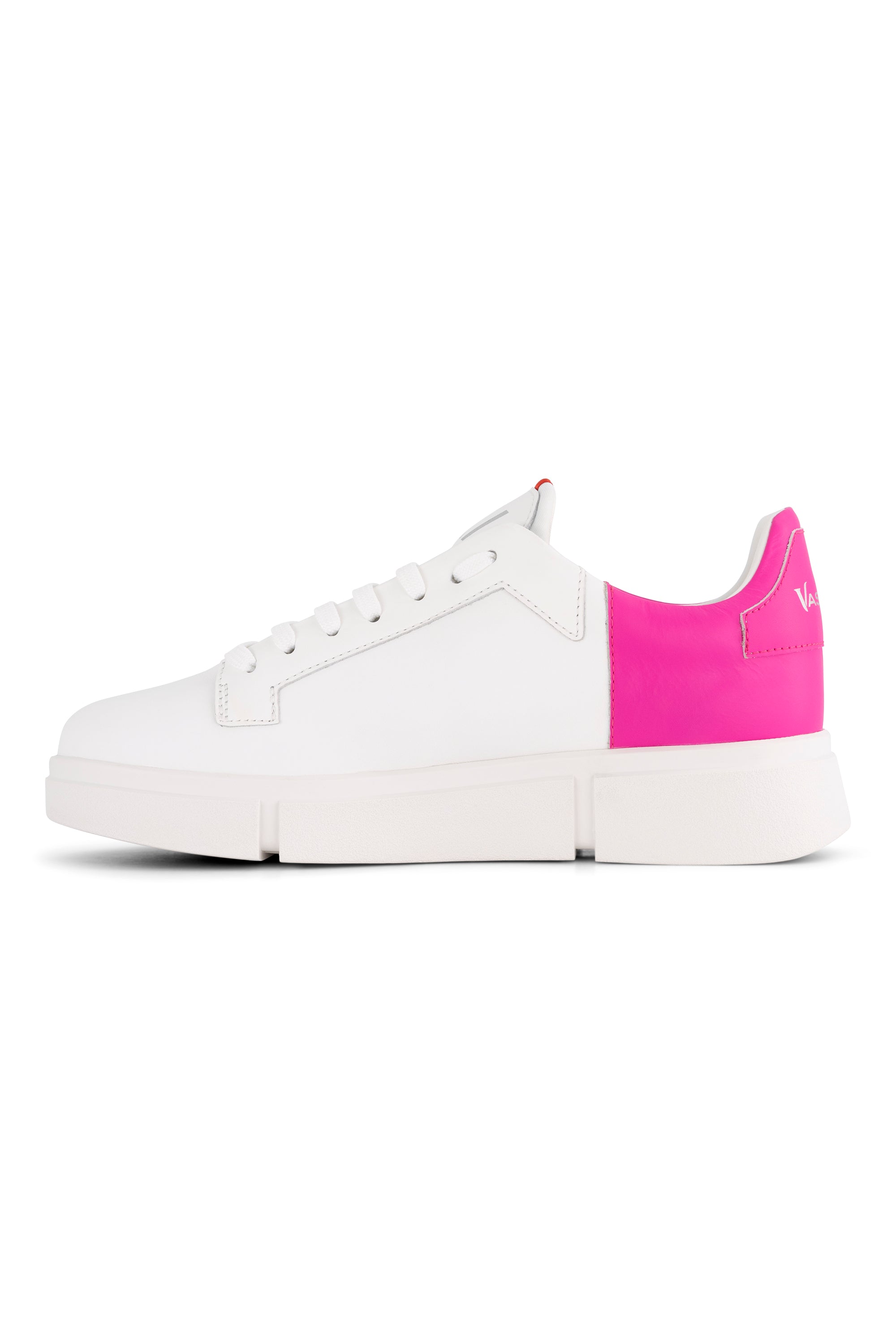 The Vassalli VS-001 White/Fuchsia Laced Sneaker is a minimalistic white leather low-top with a thick sole, white laces, and a bright pink heel accent—your perfect modern sporty sneaker.
