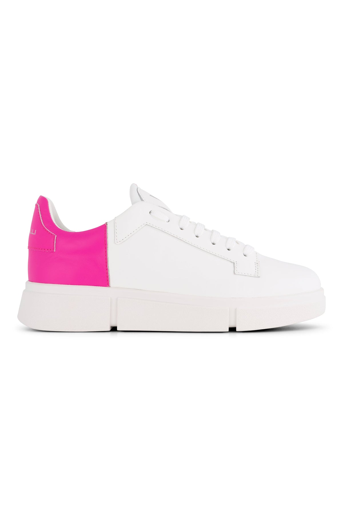 The Vassalli VS-001 White/Fuchsia Laced Sneaker features a white leather platform design with a vivid fuchsia heel accent, shown in side view against a plain background.