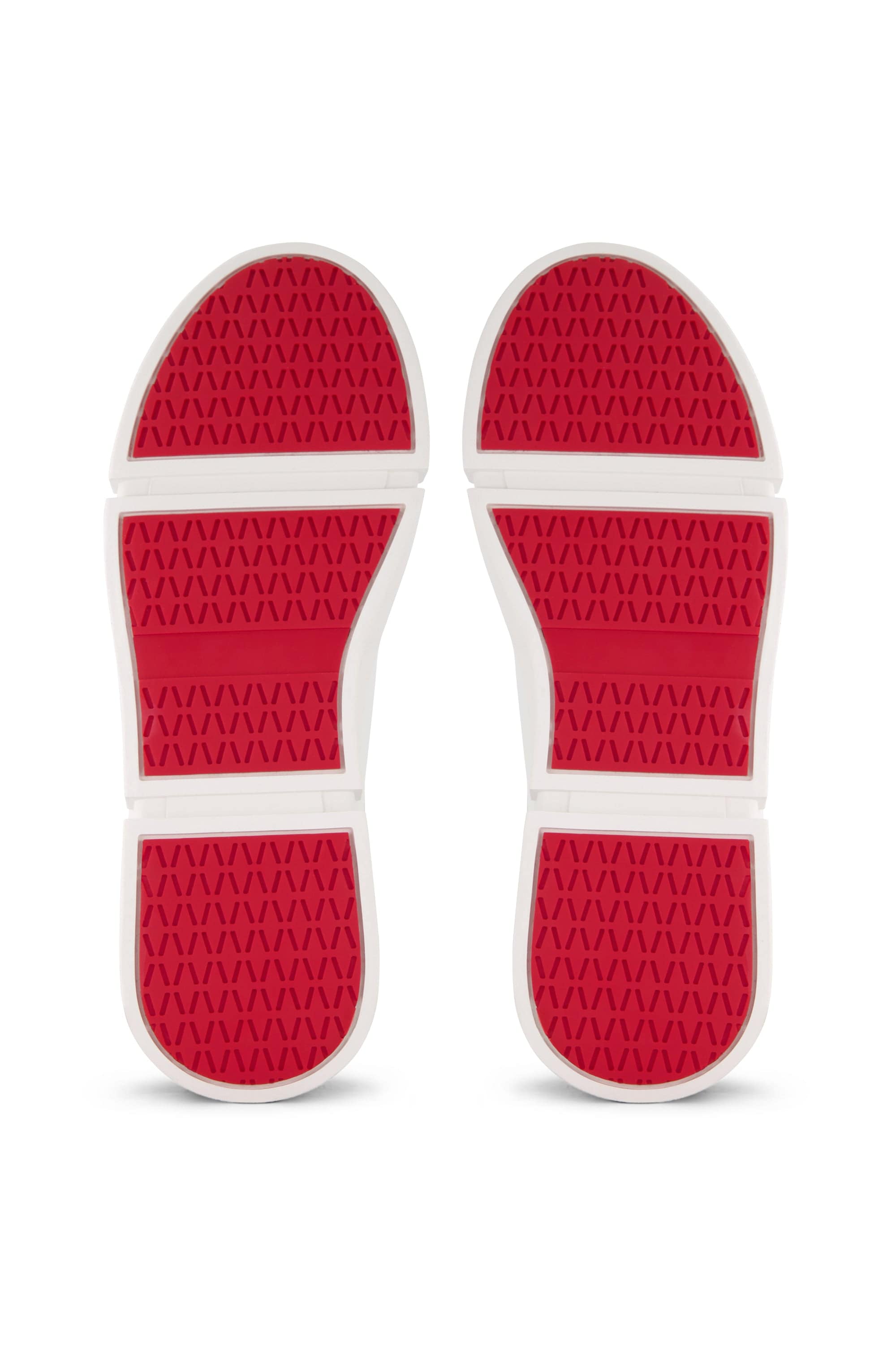 A pair of Vassalli VS-001 White/Silver laced sneaker soles with bright red hexagonal tread, shown from the bottom against a white background.