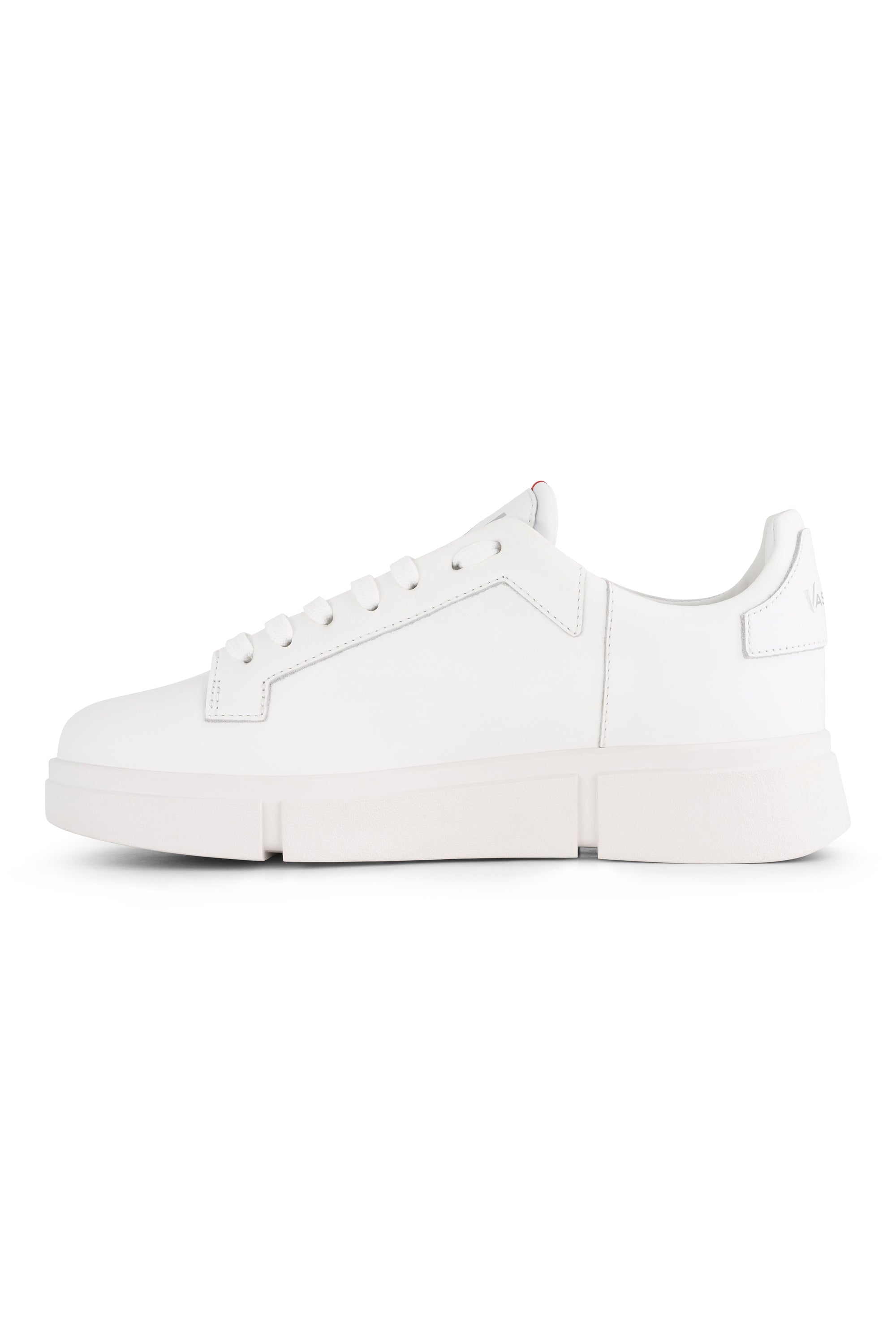 The Vassalli VS-001 White/White Laced Sneaker features a sleek, minimal design with a thick sole and white laces, shown in a side view against a white background.