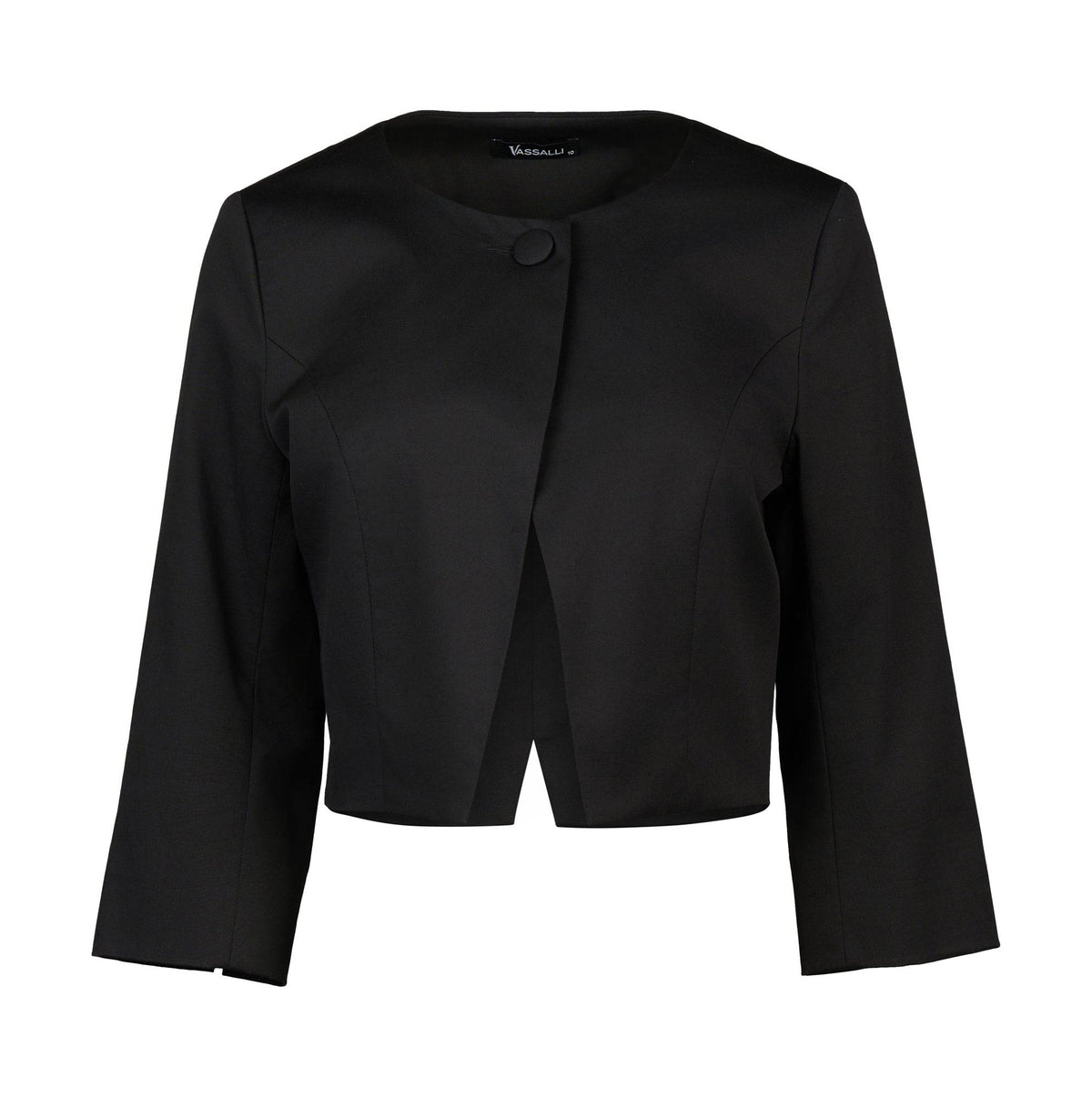 The Vassalli Cropped Jacket - Black is a women's layer featuring a round neckline, single top button, open front, and long sleeves for chic style.