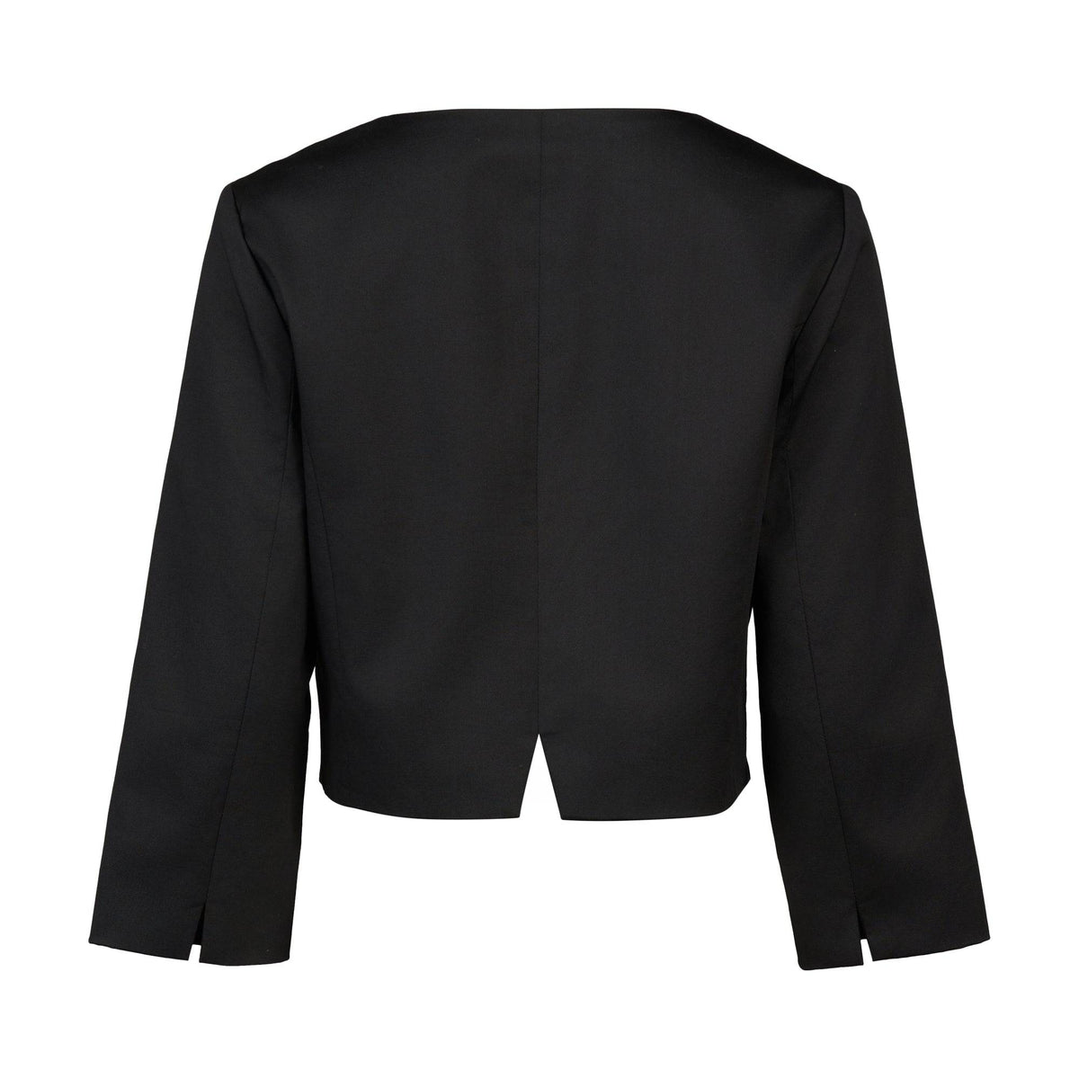 Back view of the Vassalli Cropped Jacket in black: a sleek, long-sleeve design with a straight hem, subtle center back slit, and sleeve slits. The tailored silhouette features no visible buttons or embellishments.