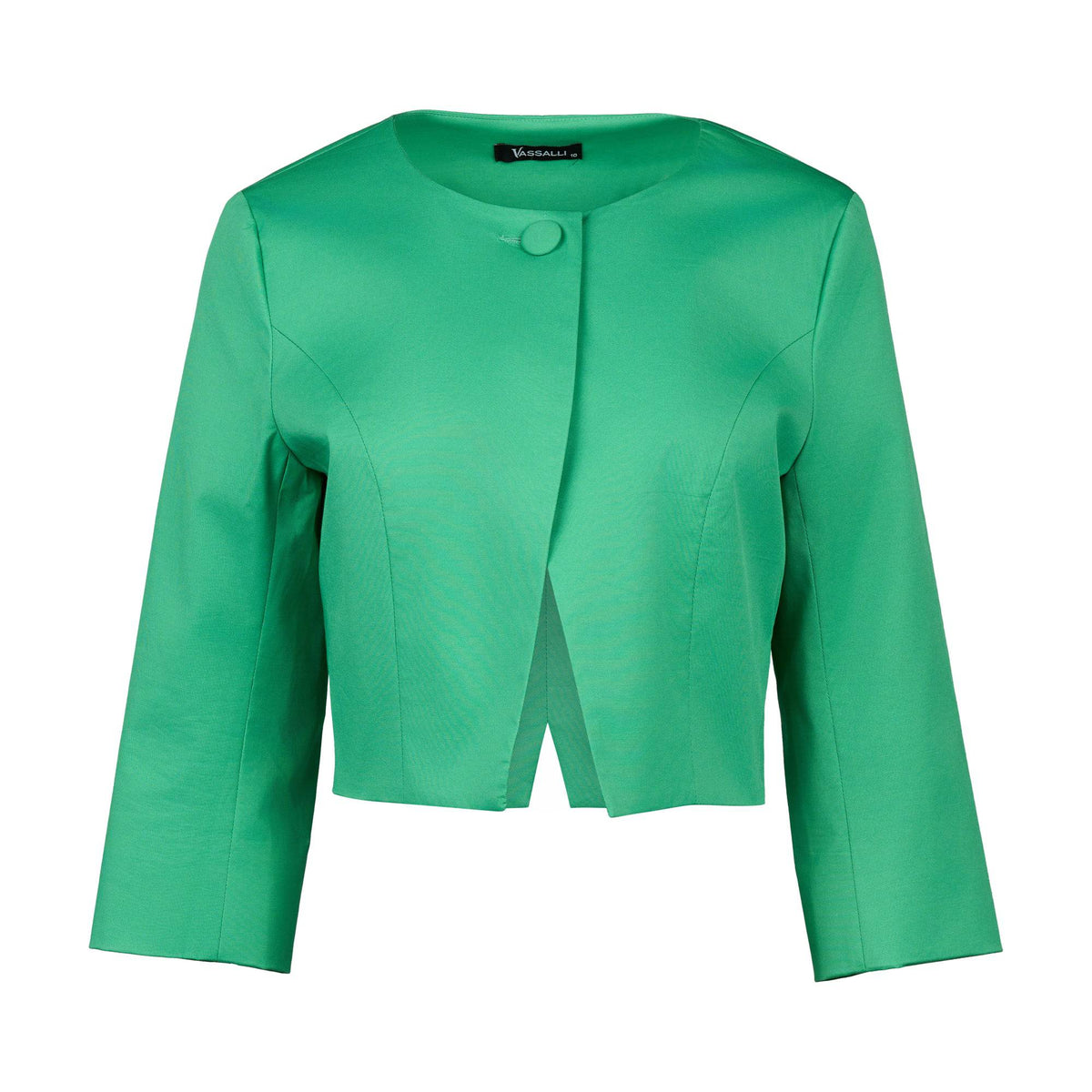 The Vassalli Cropped Jacket - Clover is a bright green, elegant layer with long sleeves, a round neckline, single button at the collar, front slit hem, and cropped silhouette. Displayed against a white background.
