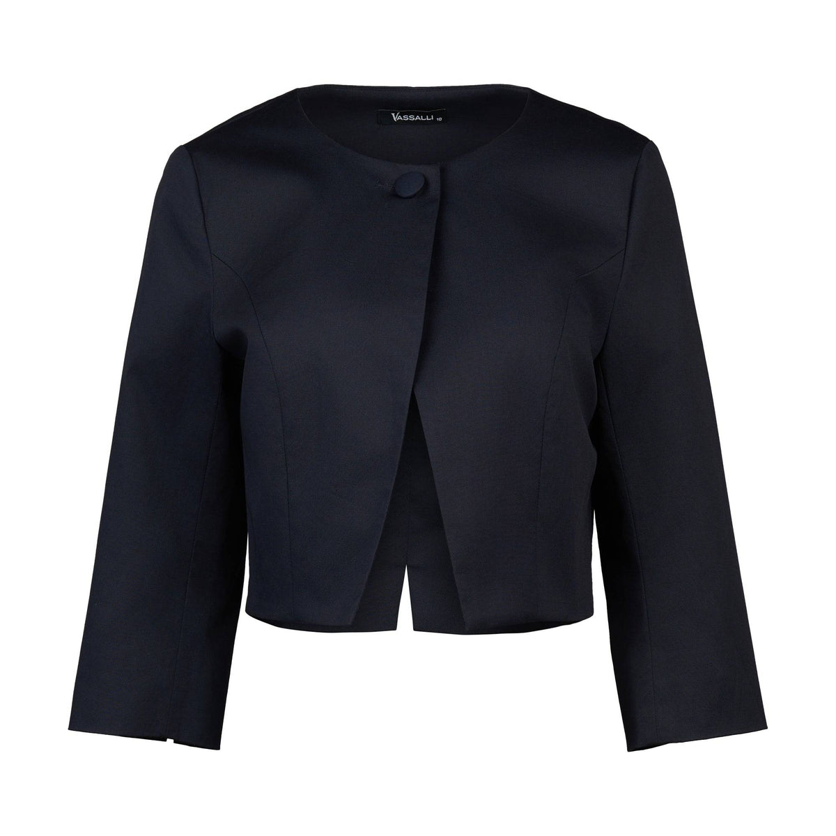 The Vassalli Cropped Jacket - Ink features a black hue, round neckline, single front button, and open front design for an elegant look, shown on a plain white background.