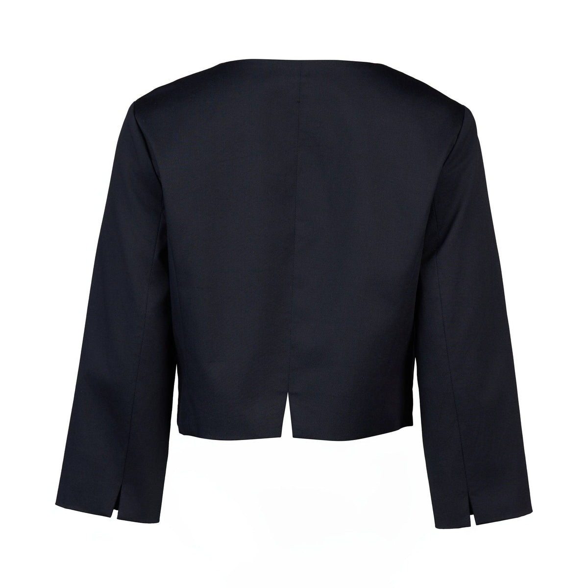 The Vassalli Cropped Jacket - Ink is a black, long-sleeved design with a straight hem, center back slit, and subtle sleeve slits—an elegant layer for refined outfits.