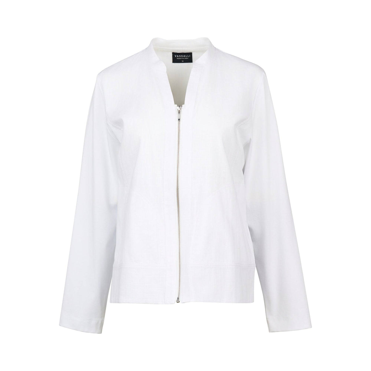 The Vassalli Zip Up Jacket - White features a minimalist, long-sleeve design with a collared neckline, front zipper, two pockets, and soft cotton lining for comfort. Displayed on a white background.